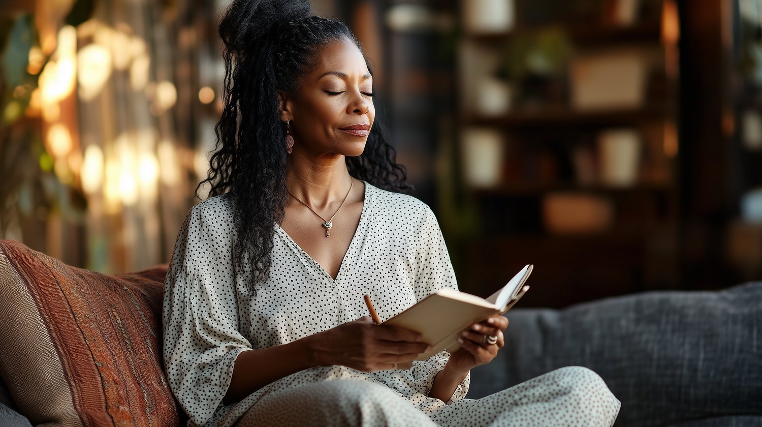 woman sitting in a cozy space in quiet faith