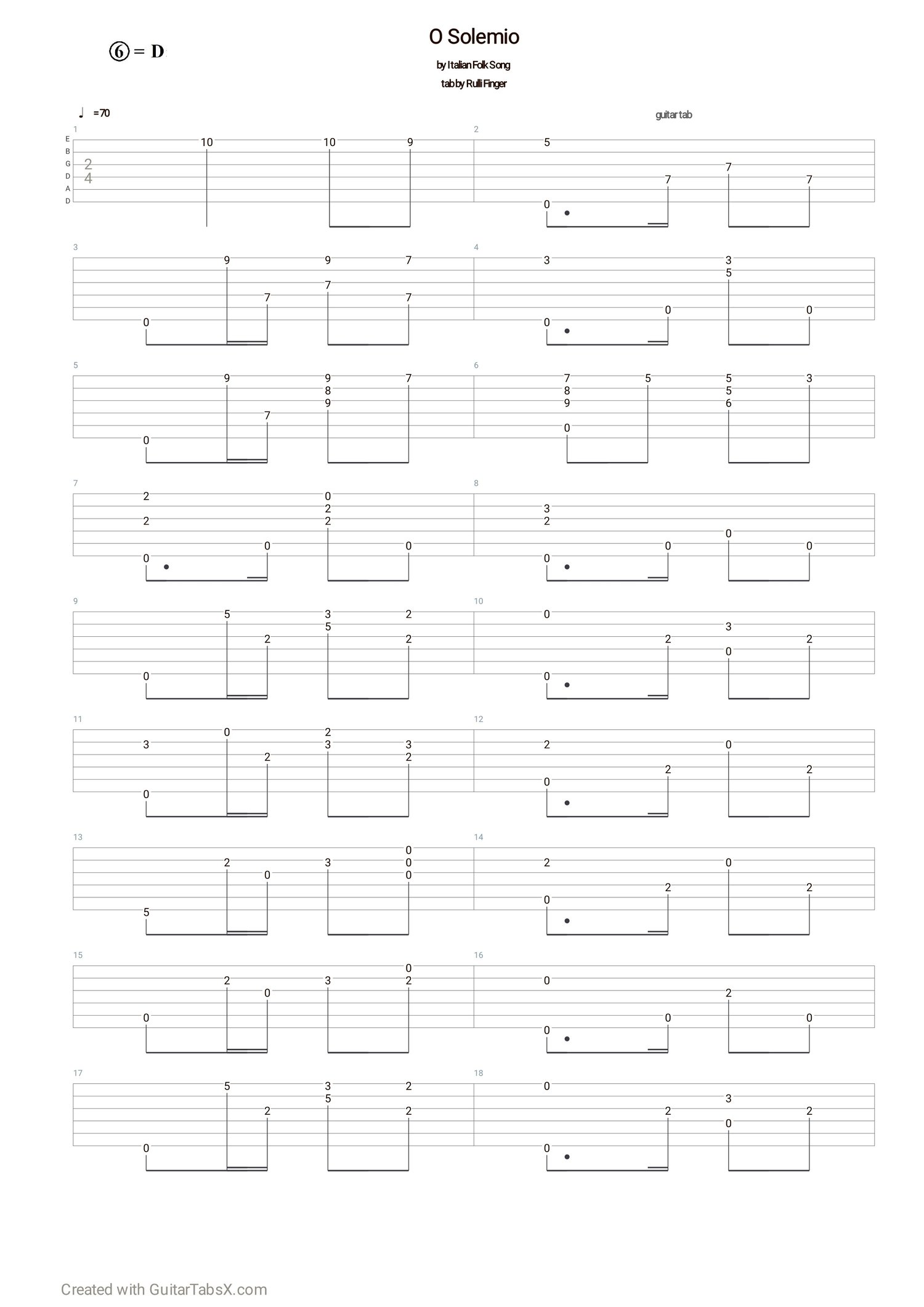 Italian Folk Song - O Sole Mio Classical Guitar Tabs