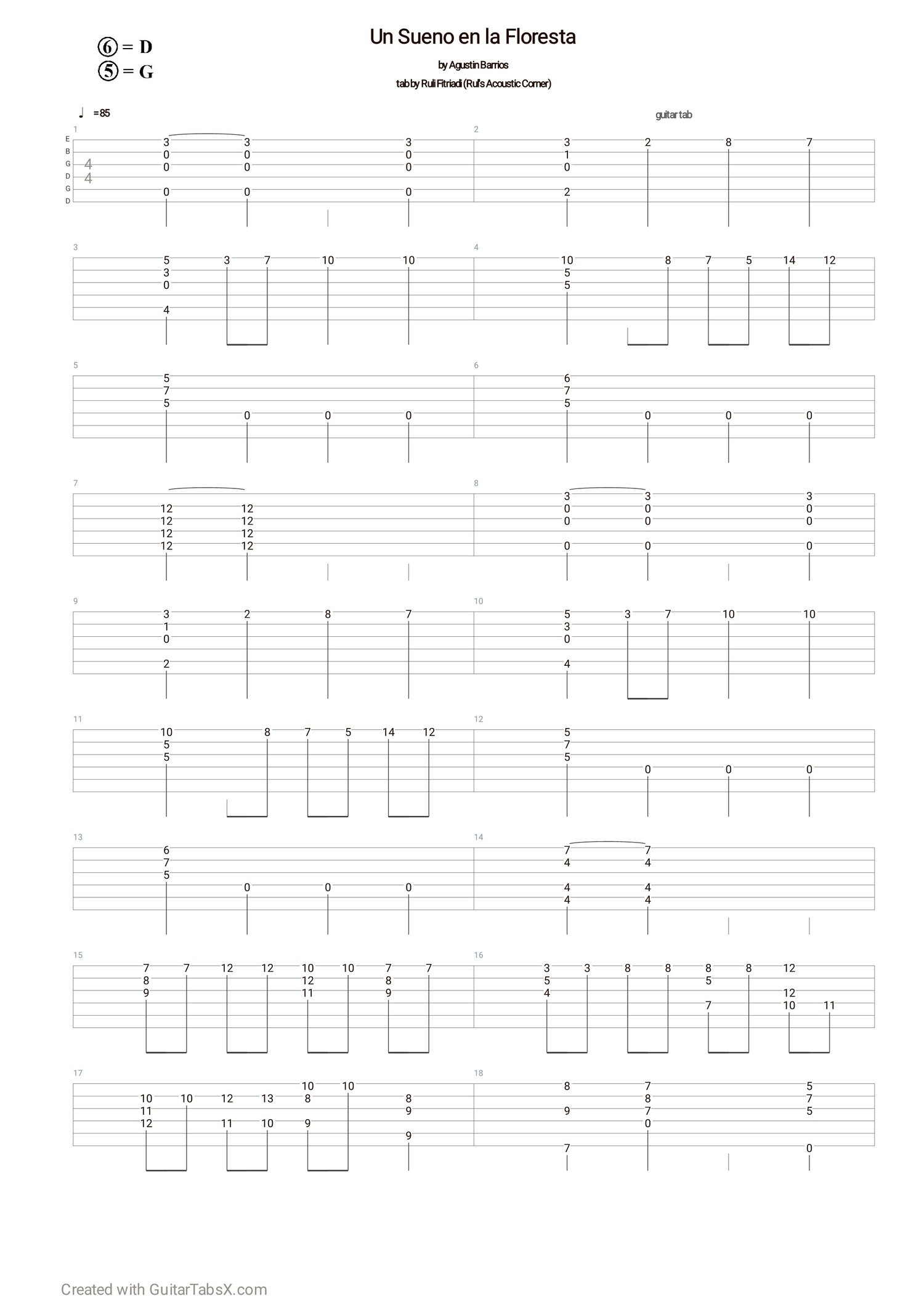 Agustin Barrios - Un Sueno en la Floresta Classical Guitar Tabs