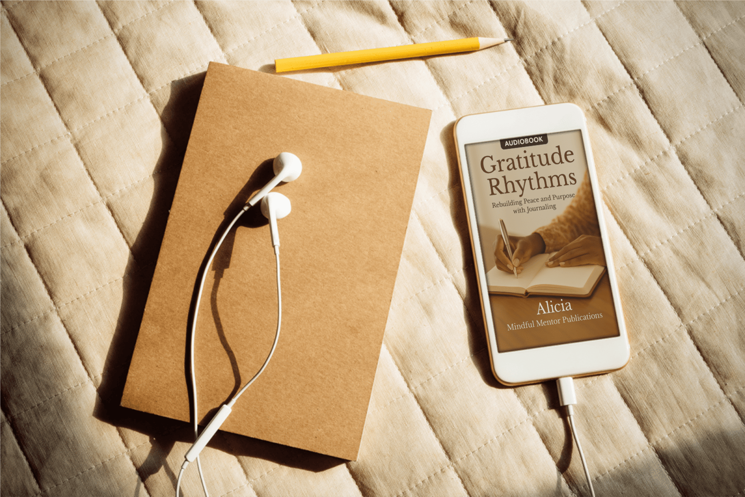 Gratitude Rhythms - Audiobook cover - mobile with earbuds mockup