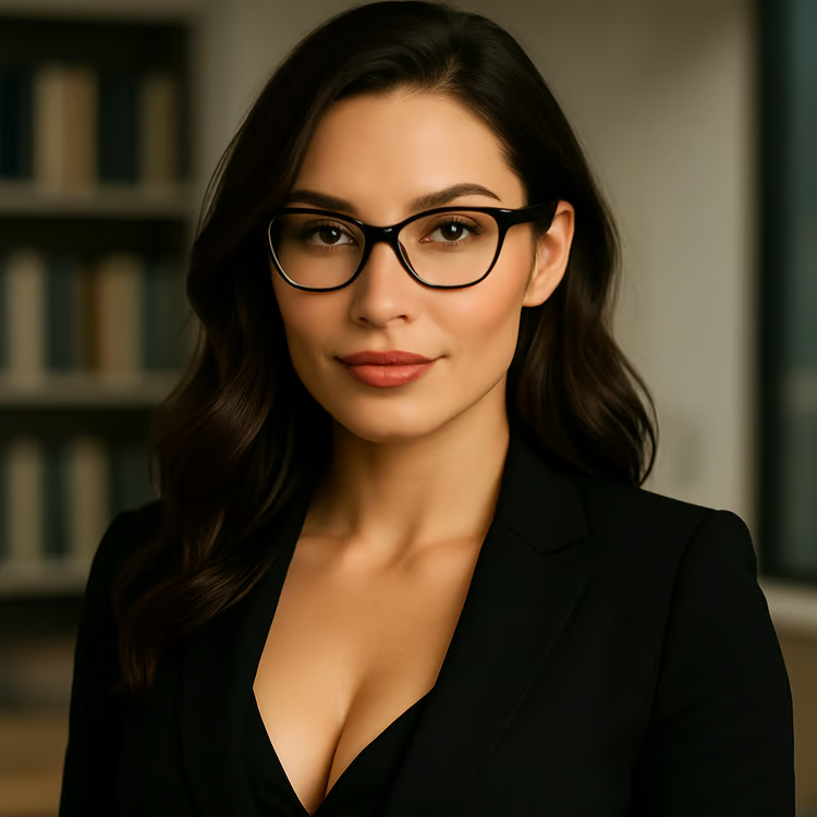Barbara Quinn, Strategic Lead at Content Forge, in a professional black blazer with soft waves and glasses, standing confidently in a modern office with bookshelves in the background.