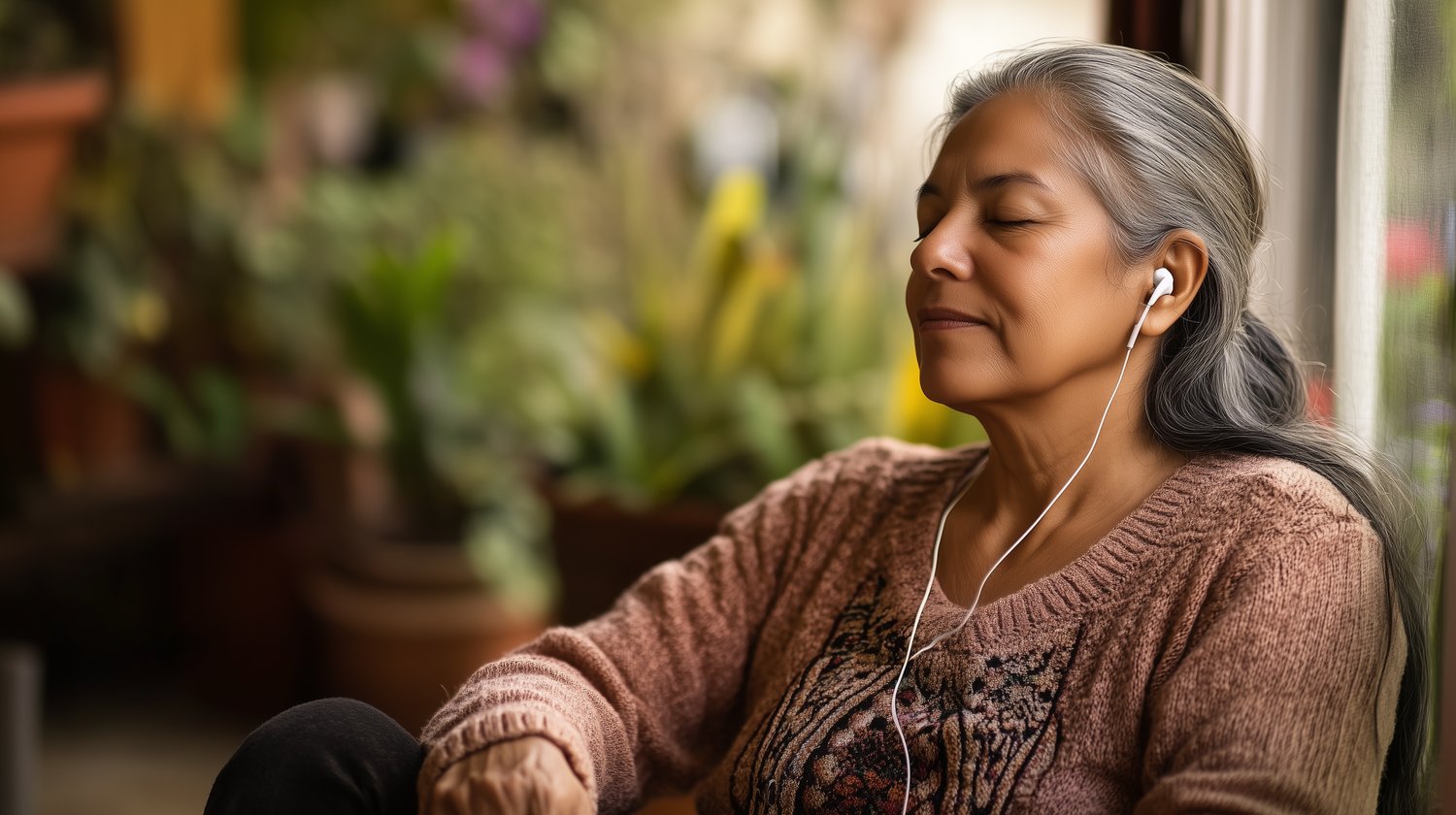 woman sitting on the front porch listening to an audiobook