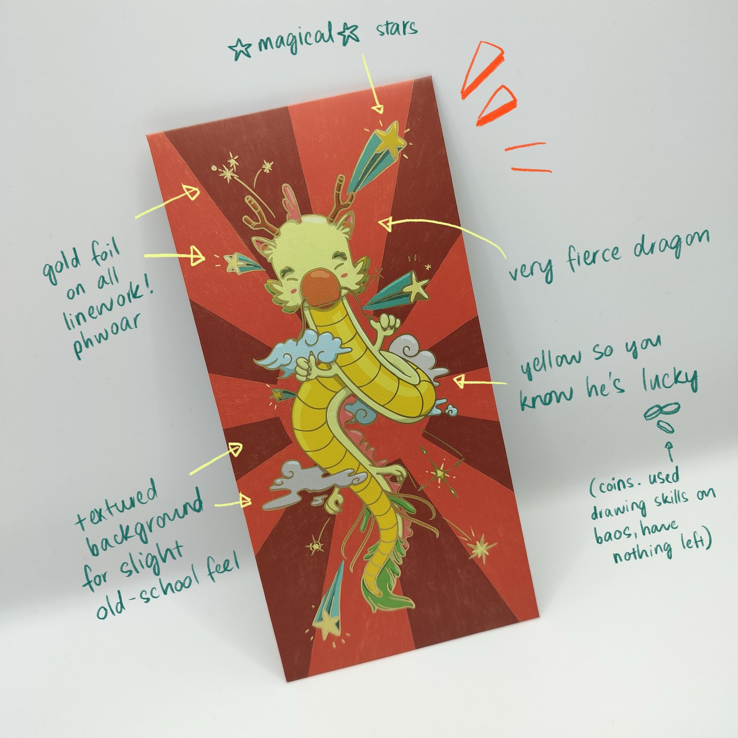 Red hongbao with radiating sunburst pattern featuring a colorful cartoon dragon in yellow and green with clouds, stars, and decorative elements in an animated, festive style. Labelled with notes pointing out the stars, gold foil, textured background.