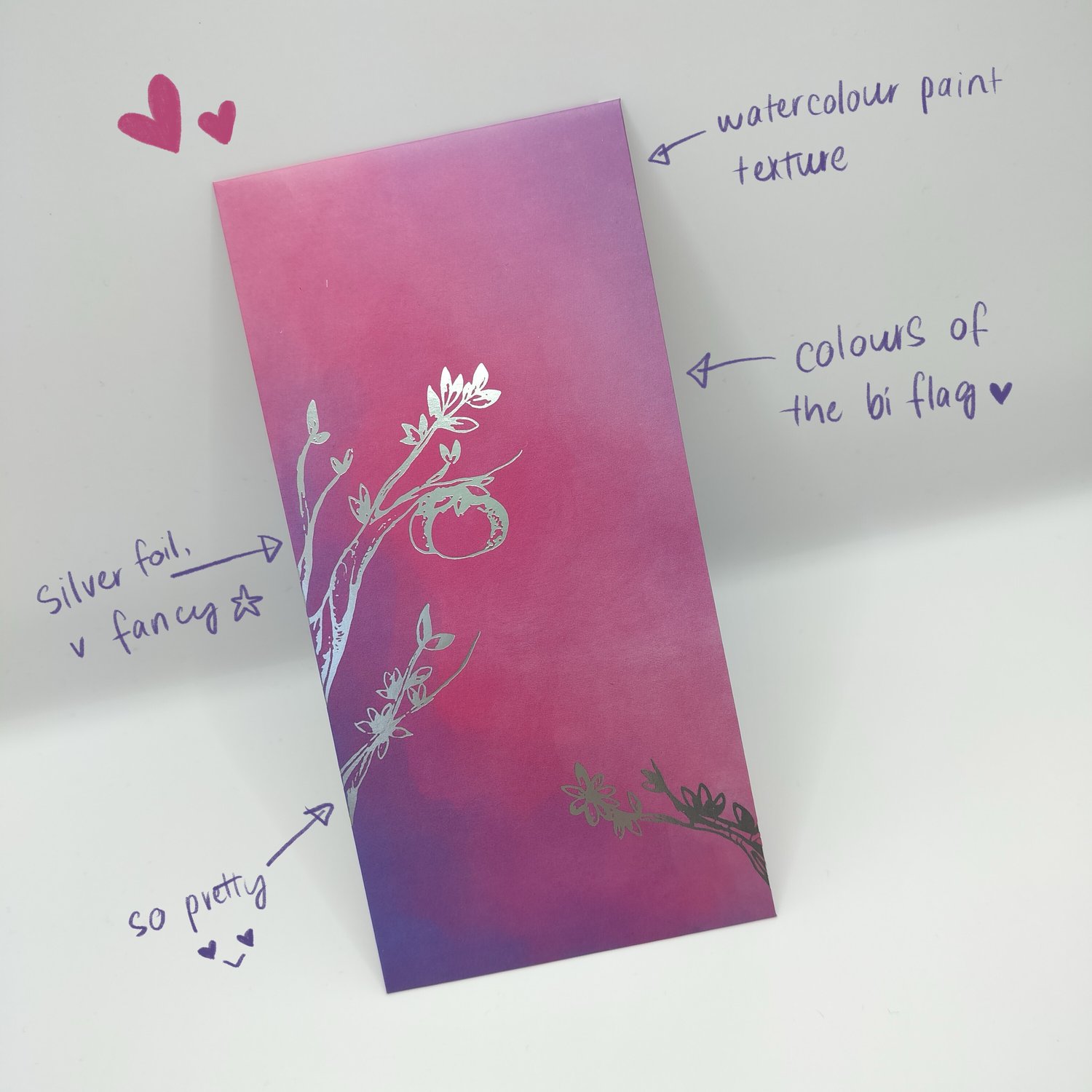 Single pink-to-purple gradient hongbao with silver foil botanical illustrations featuring delicate branches, leaves, and mandarins. Labelled with notes pointing out the watercolour texture, bi flag colour scheme and silver foil.