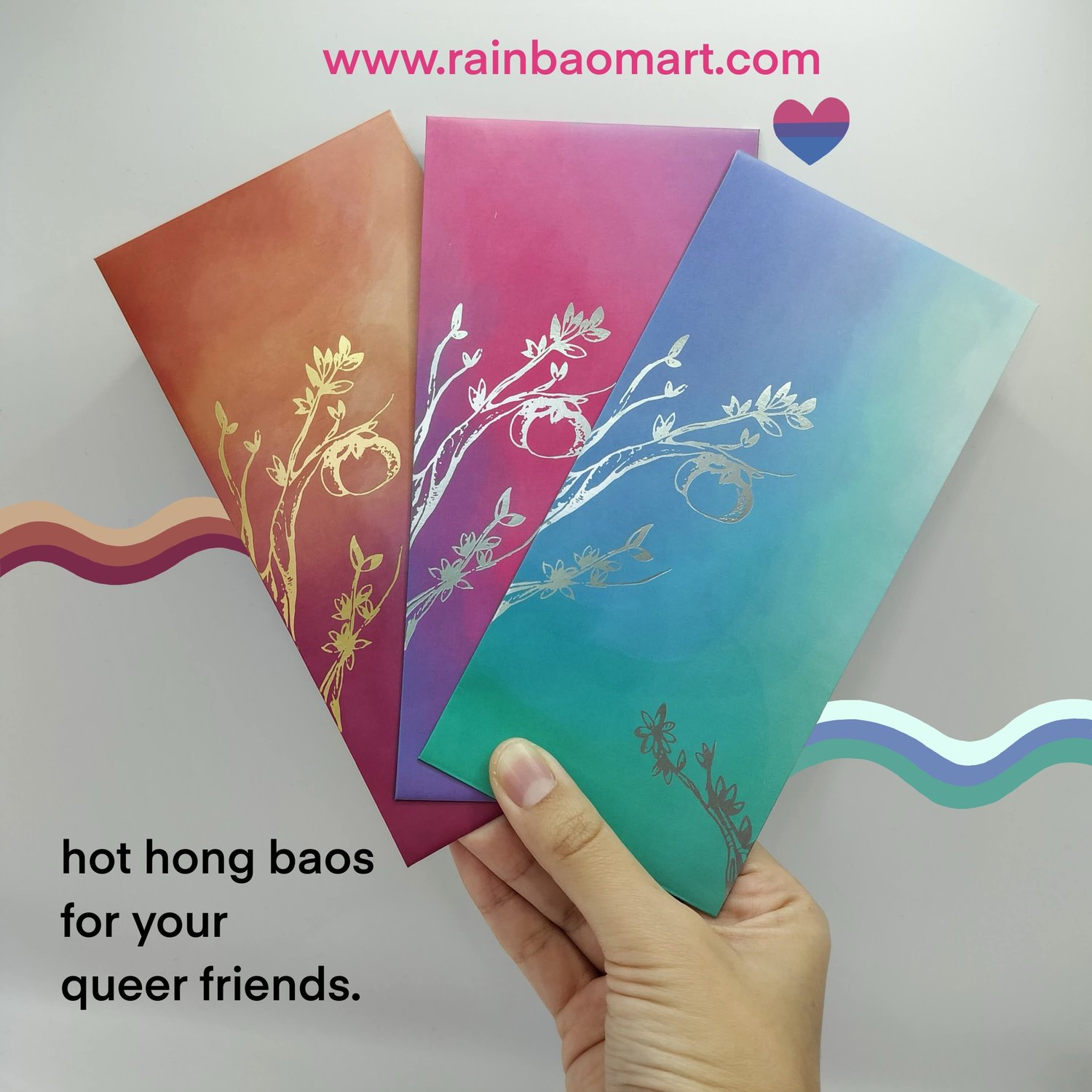 Three overlapping gradient envelopes with metallic foil botanical illustrations - a pink-to-purple card with silver foil branches and leaves, an orange-to-red version, and a blue-to-teal version.