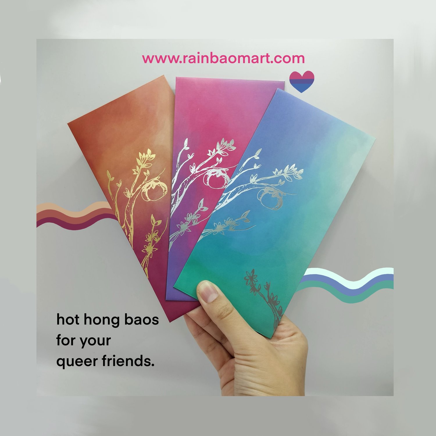 Three overlapping gradient envelopes with metallic foil botanical illustrations - a pink-to-purple card with silver foil branches and leaves, an orange-to-red version, and a blue-to-teal version.