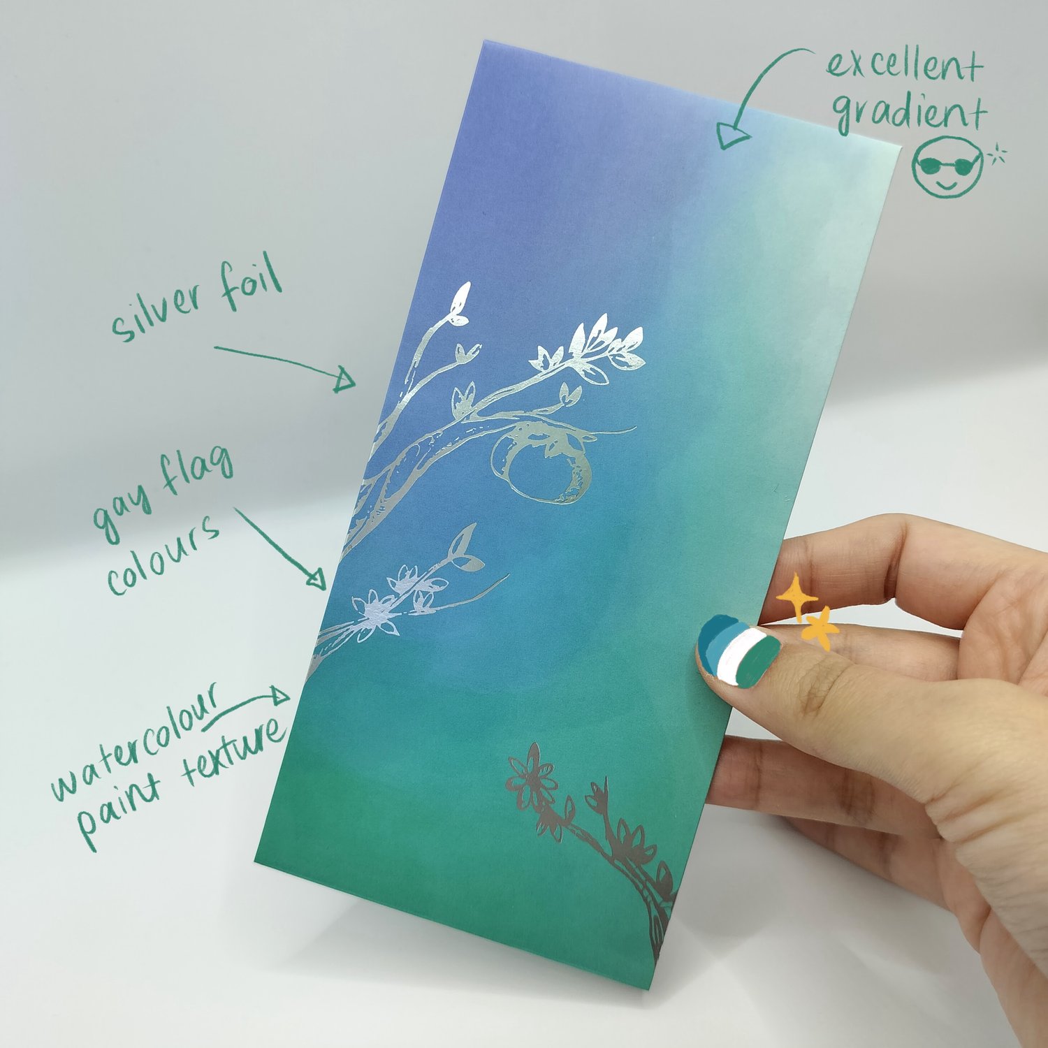 Single blue-to-teal gradient hongbao with silver foil botanical illustrations featuring delicate branches, leaves, and circular vine motifs. Annotated with notes pointing out the silver foil, gay flag colour scheme, watercolour paint texture and gradient.