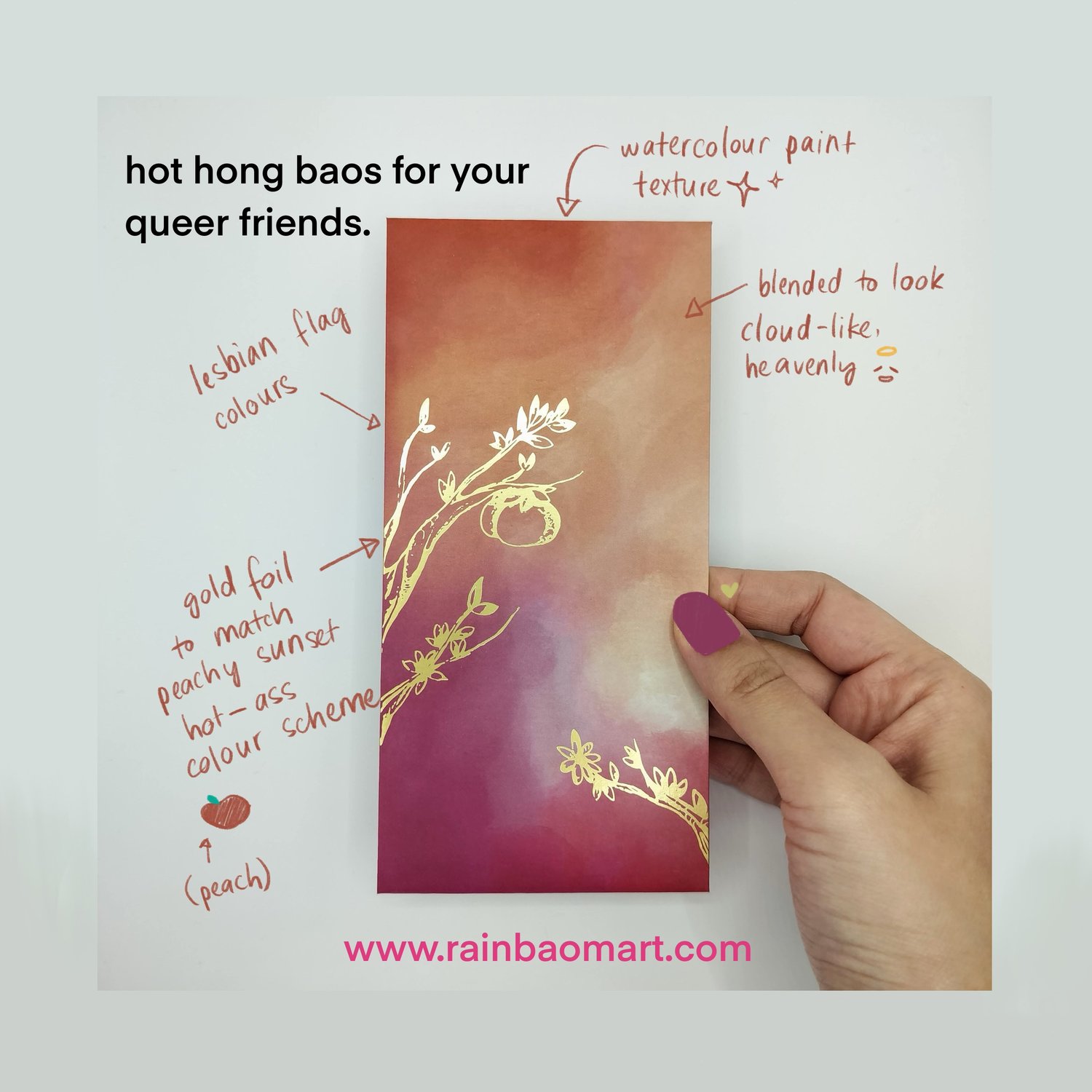 A red, orange and pink gradient envelope with gold trim and small botanical motifs. The envelope is labelled with notes pointing out the lesbian flag colours, watercolour paint texture, cloud-like blending and gold foil.