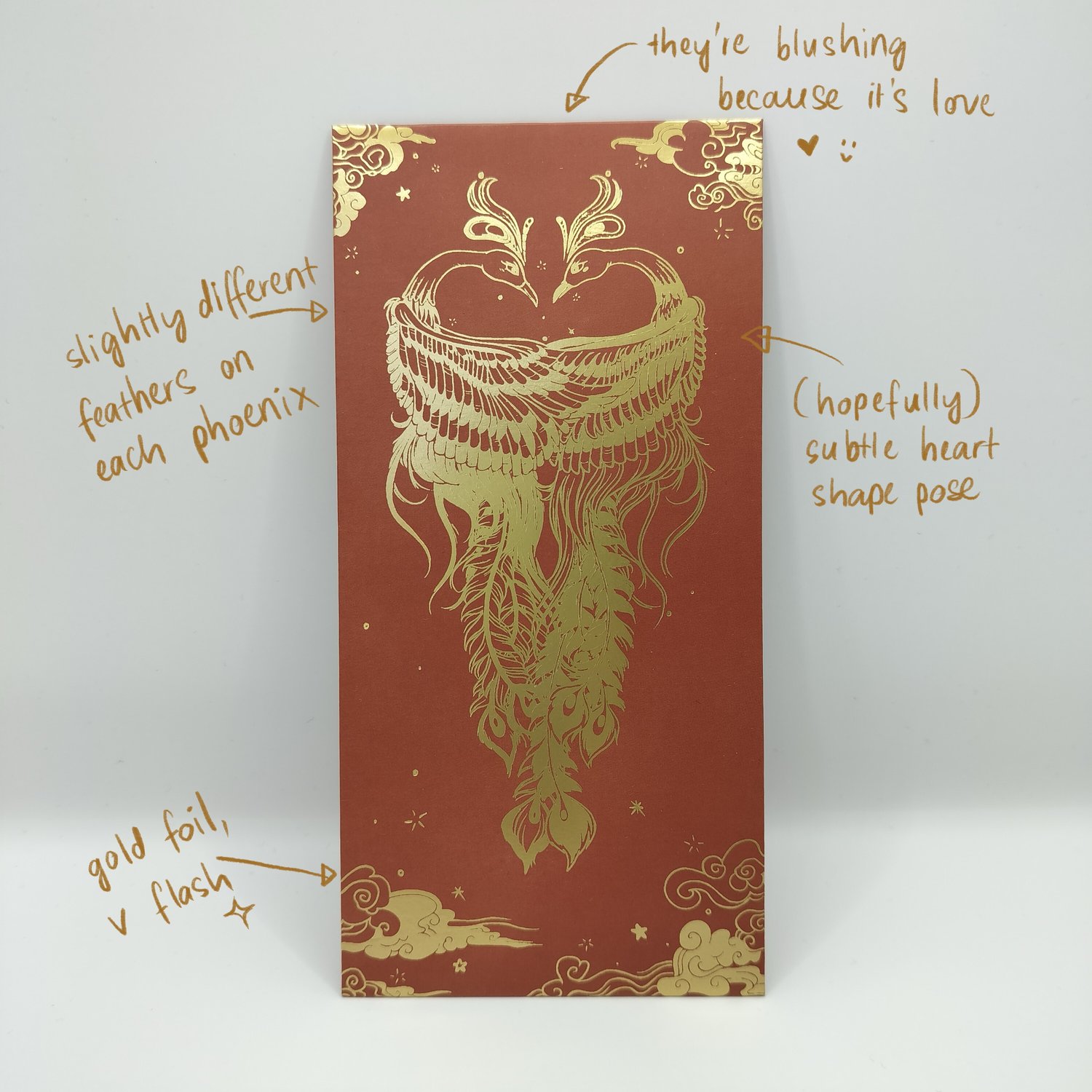 Red money envelope with elaborate gold foil design featuring two phoenixes with detailed feathers, decorative clouds, and ornamental border elements. Labelled with notes pointing out the different feathers, heart-shaped pose and gold foil.