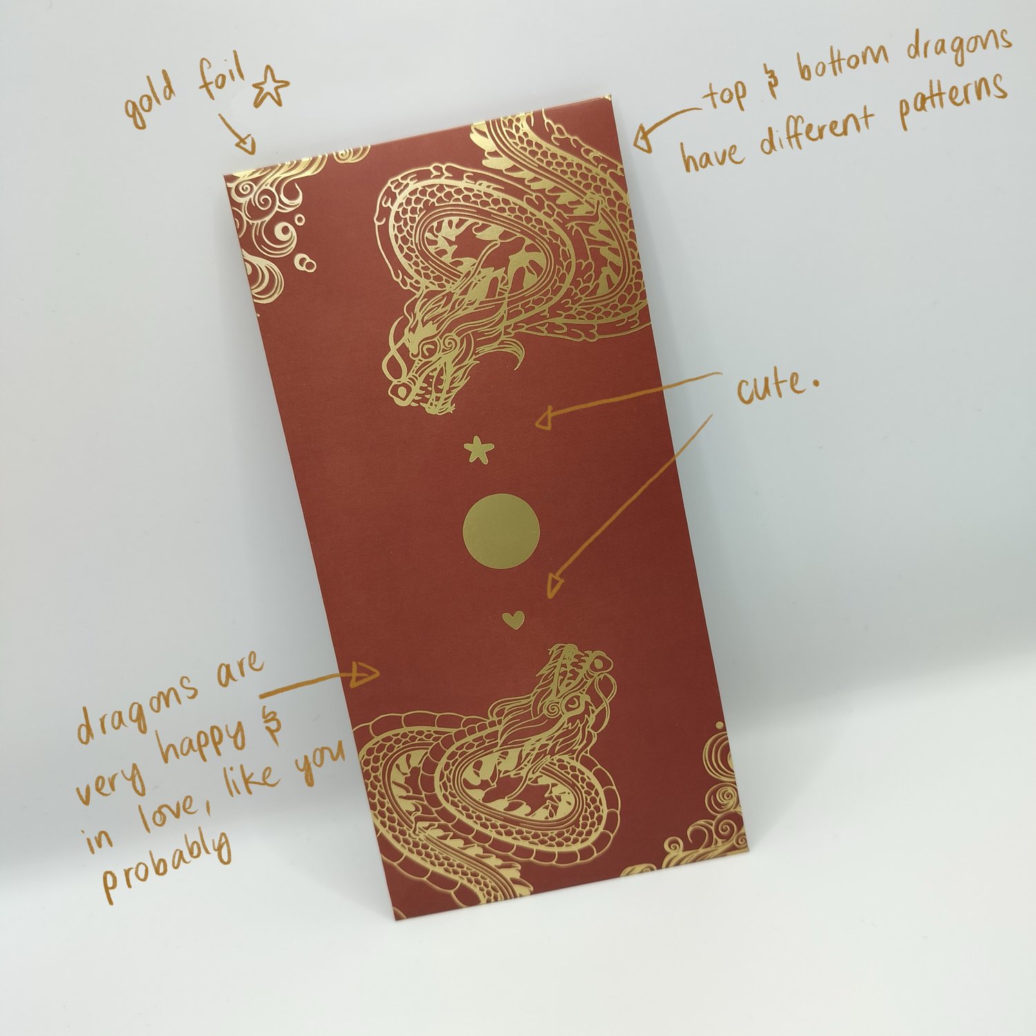 Red hongbao with elaborate gold foil design featuring two dragons, a moon and stars. Labelled with notes pointing out the gold foil, differences between the two dragons.