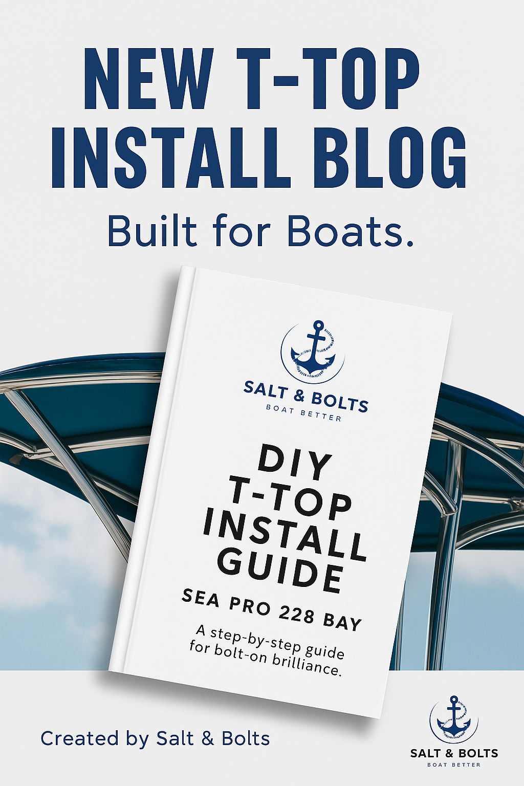 Promotional graphic for Salt & Bolts' DIY T-Top Install Guide blog post, featuring the Sea Pro 228 Bay with a white book cover and a blue T-Top in the background.