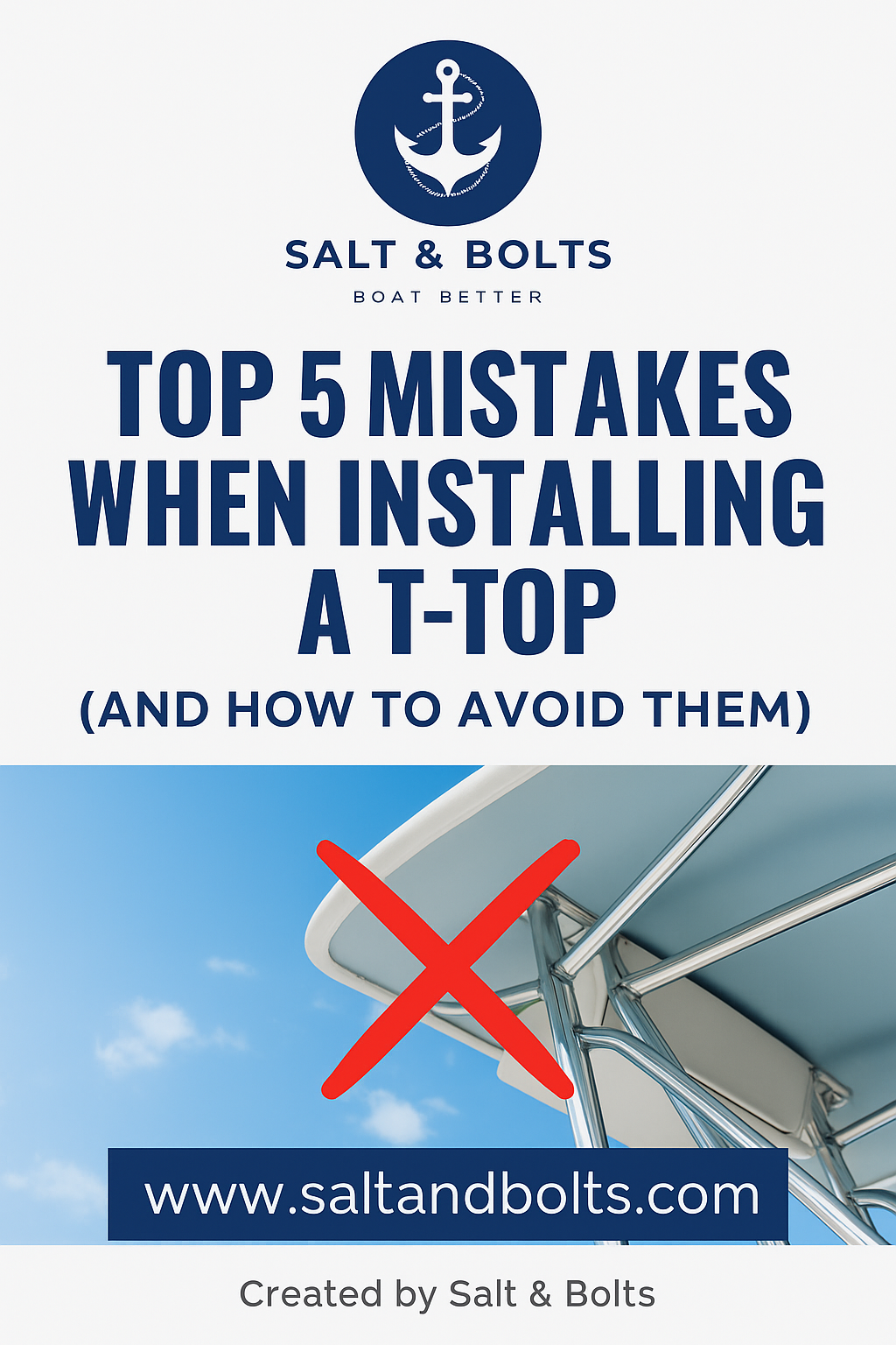 Infographic from Salt & Bolts listing the top 5 mistakes when installing a T-Top on a boat, with visual emphasis on common installation errors and a red X.