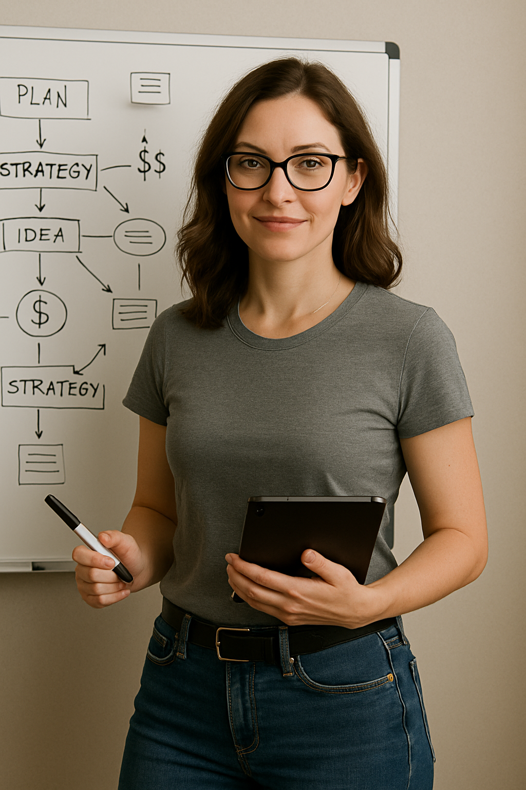 Barbara Quinn, lead strategist at Content Forge, stands confidently in front of a whiteboard with a strategy diagram. She’s holding a tablet and marker, wearing glasses and a gray t-shirt—ready to deliver content creation insights.