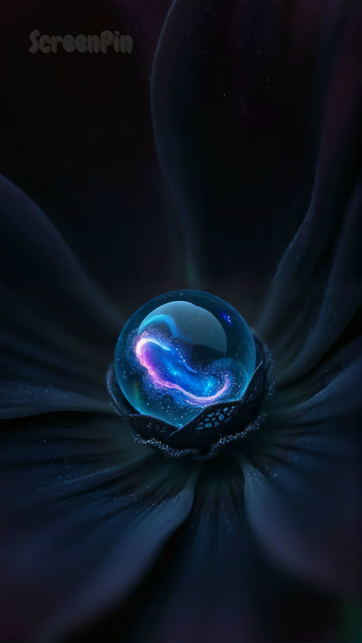 Surreal close-up of a dark flower with sparkling petals and a glowing galaxy-like orb in the center