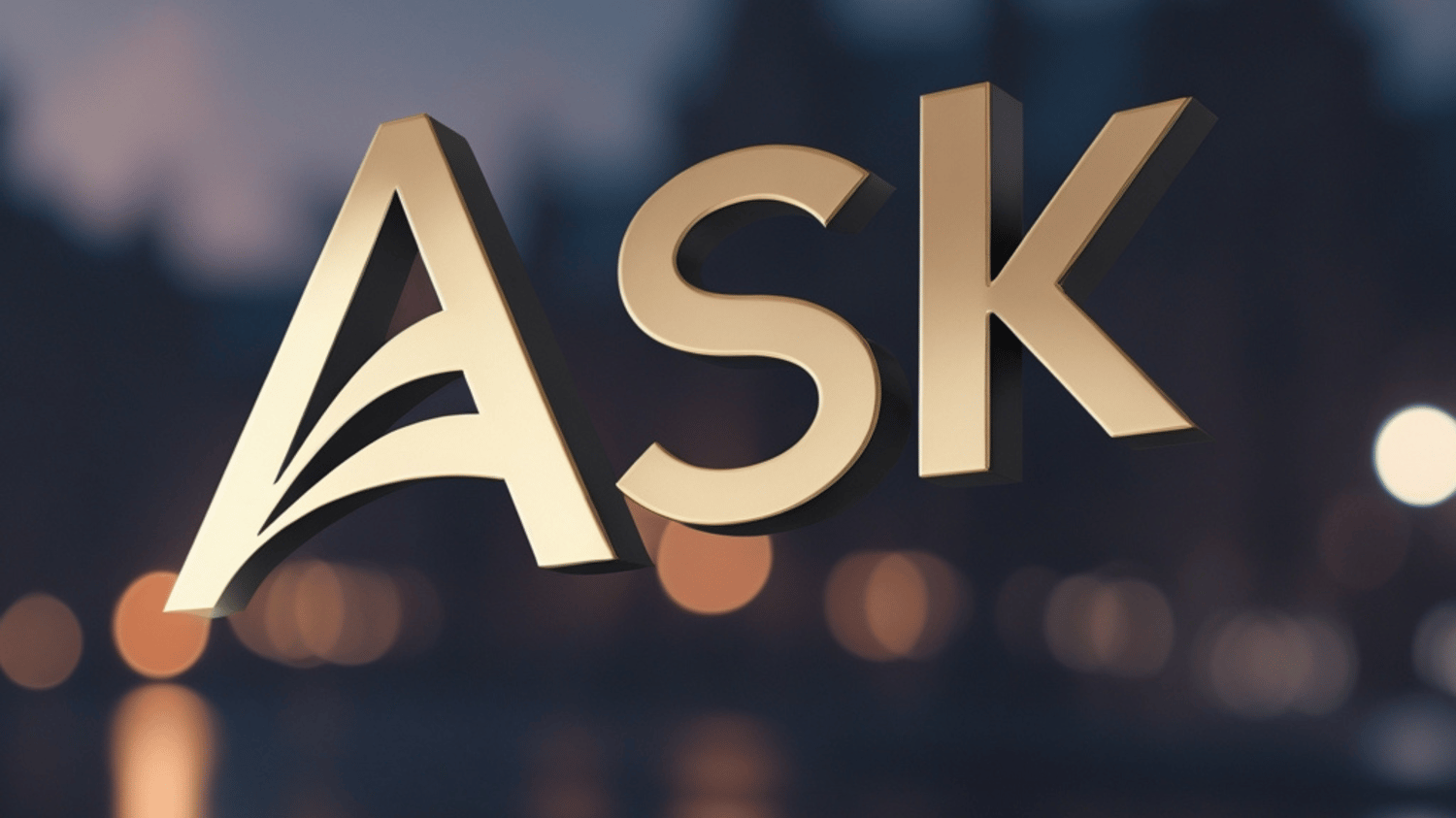 3D gold logo of a bookstore featuring the word 'ASK' with a stylized 'A' that resembles an open book page design, set against a soft, blurred night-time cityscape background with warm bokeh lights.