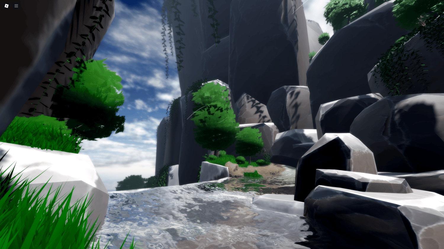 Sunlight filtering through tall trees in a peaceful anime-inspired Roblox forest