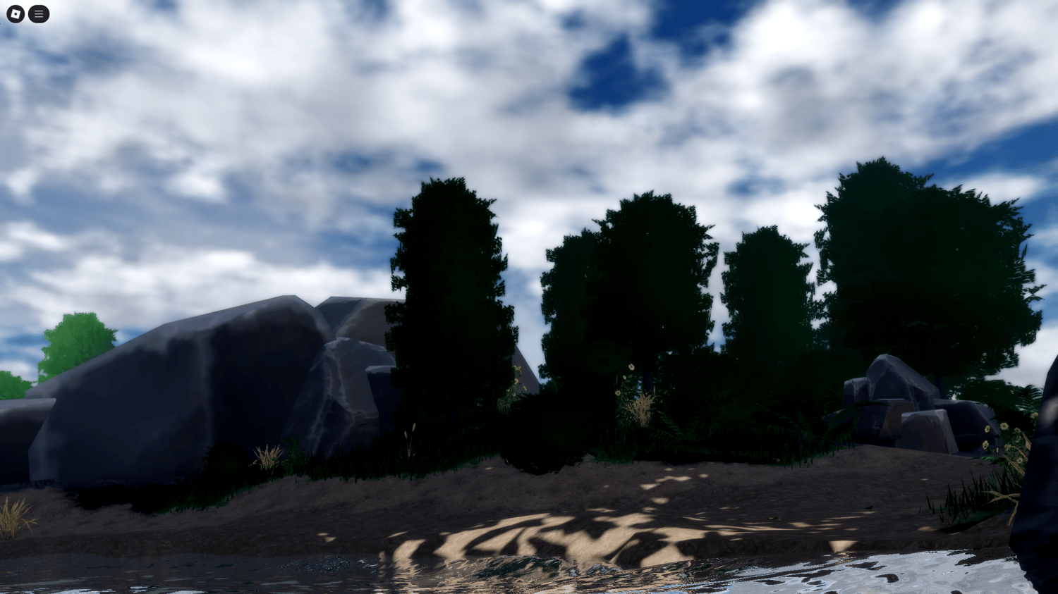 Beautiful mountain backdrop with forest terrain and vivid lighting in Roblox