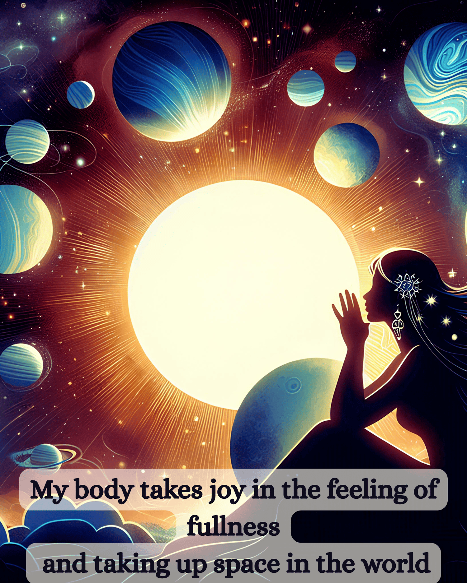 planets revolving around the sun with peaceful woman