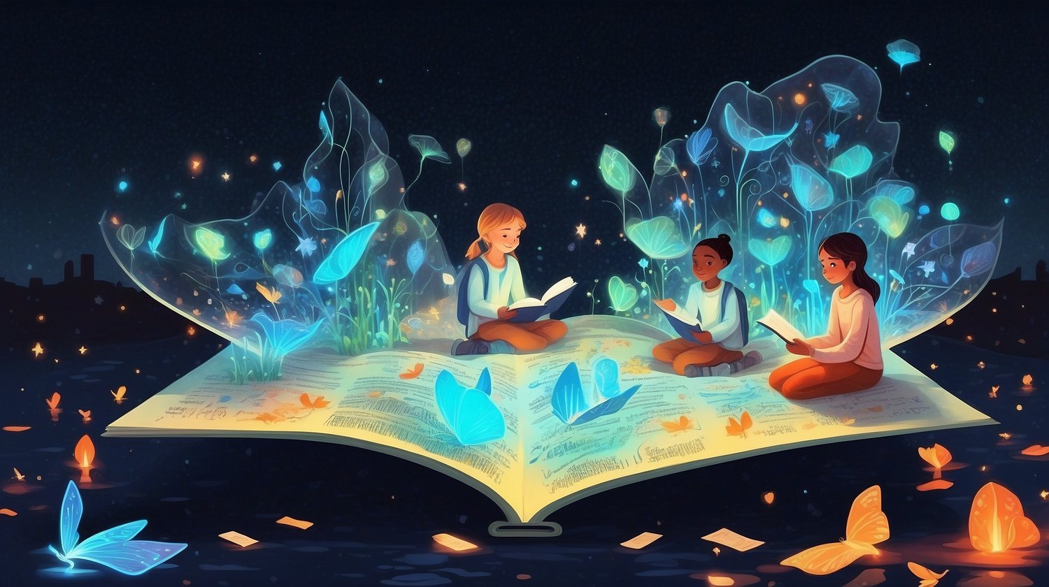 An enchanted open storybook glowing with light, characters from different ages and worlds emerging from the pages