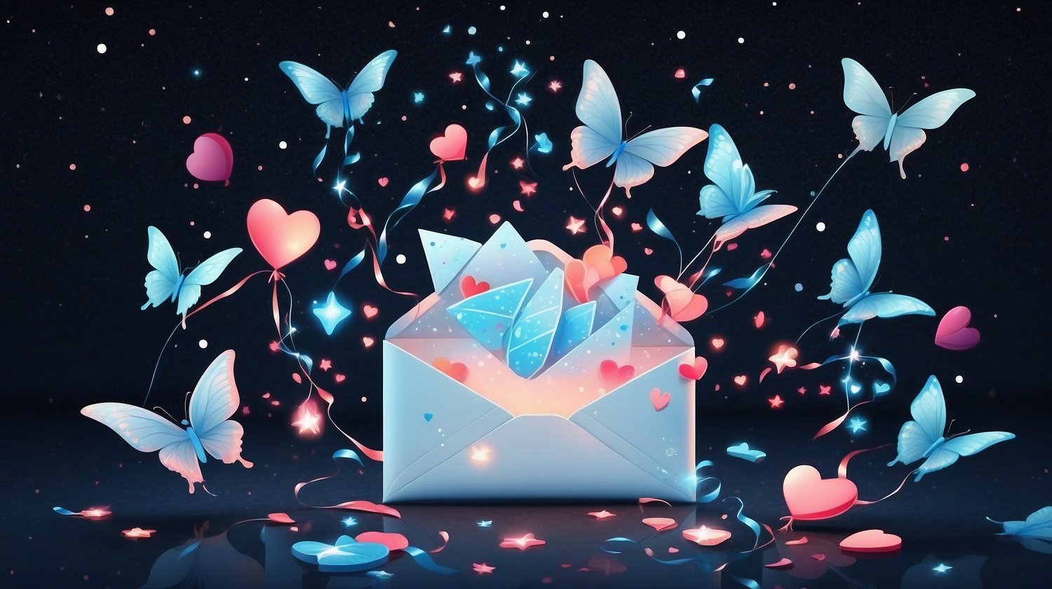 A glowing magical envelope opening to release sparkles, hearts, stars, and joyful animated symbols