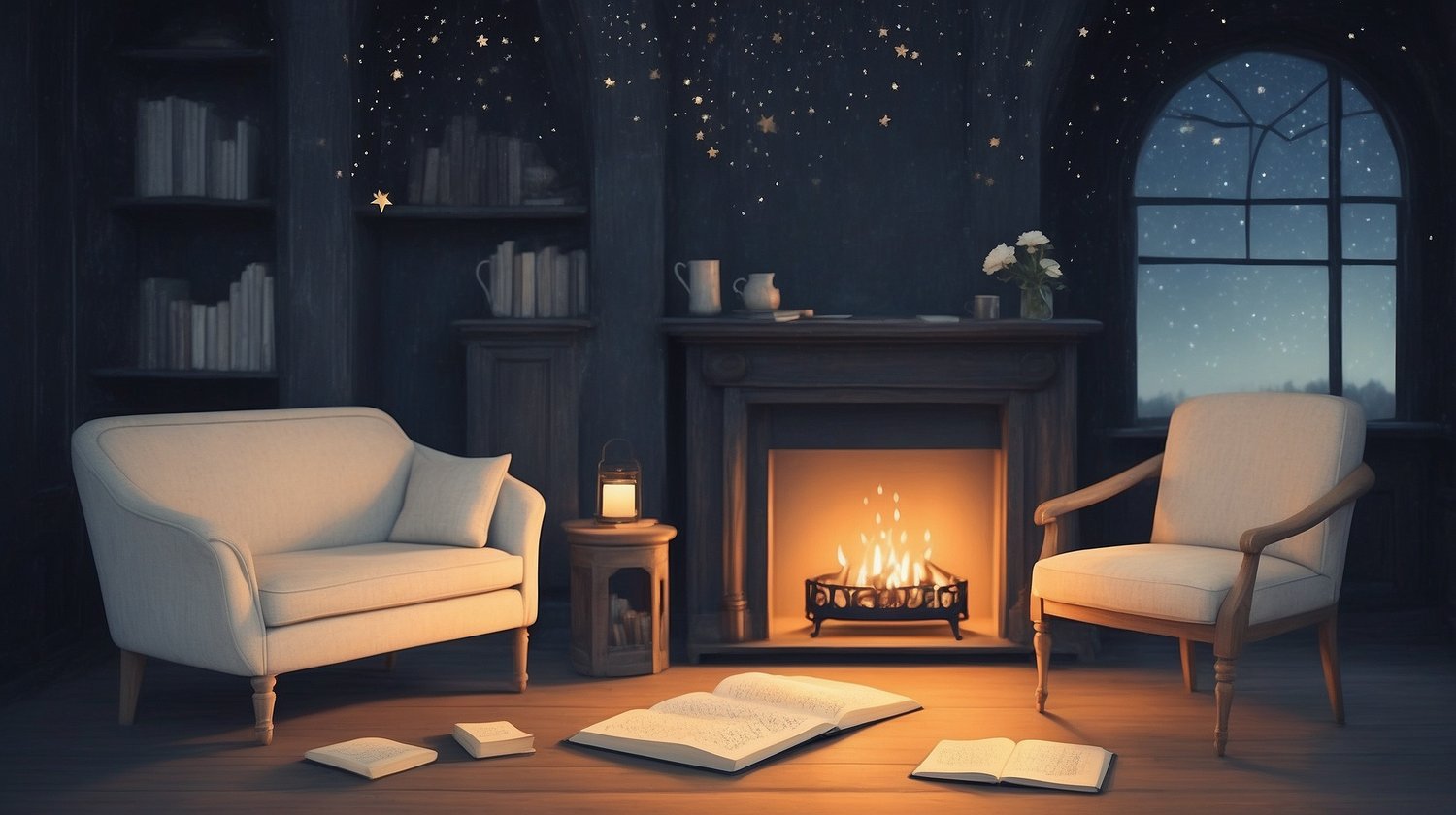 A calm and magical journaling English traditional space — an open journal glowing slightly, surrounded by floating affirmations, pens, stars, and soft lights.