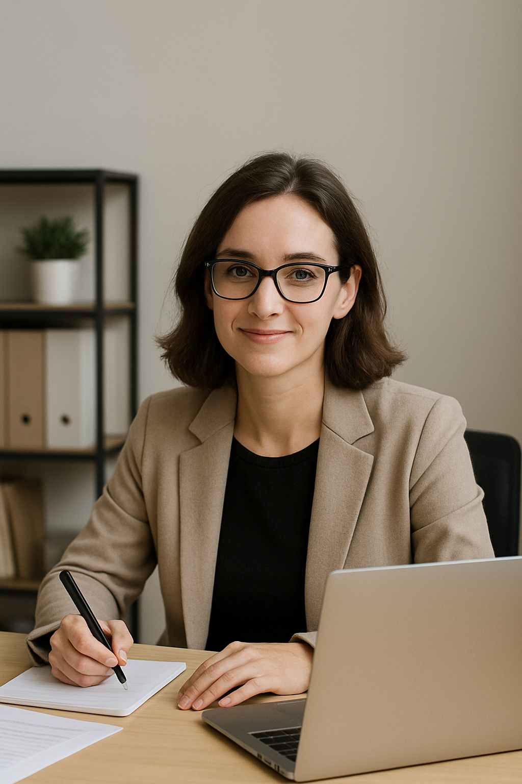 Professional woman with blonde hair smiling slightly while working at a modern office desk. Confident and approachable business executive portrait for Content Forge.