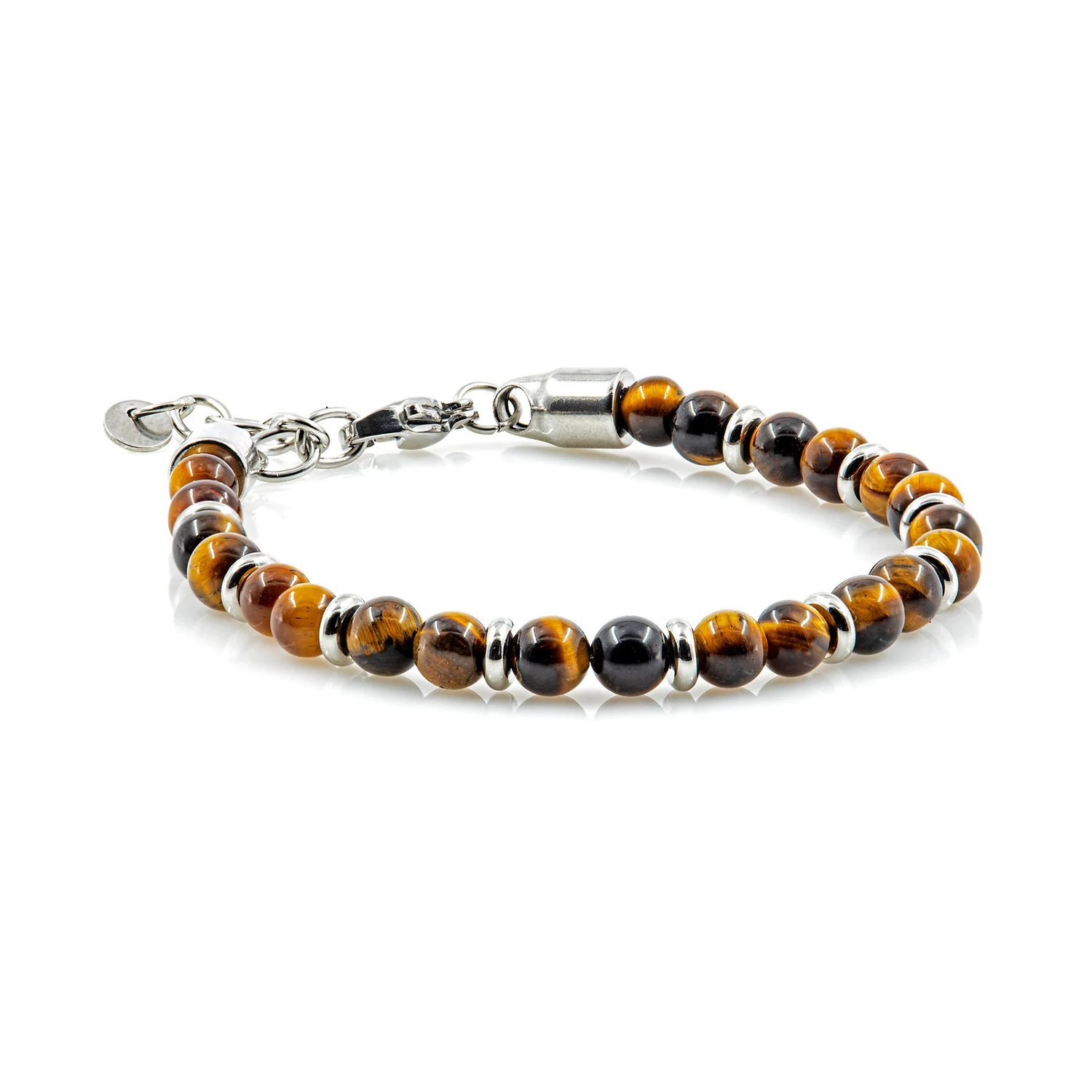 Polished 6mm natural Tiger Eye gemstone bead bracelet featuring golden-brown chatoyant stones, accented with silver-tone rondelle spacers, and secured with a lobster claw clasp and extender chain, possibly crafted from stainless steel or sterling silver. 