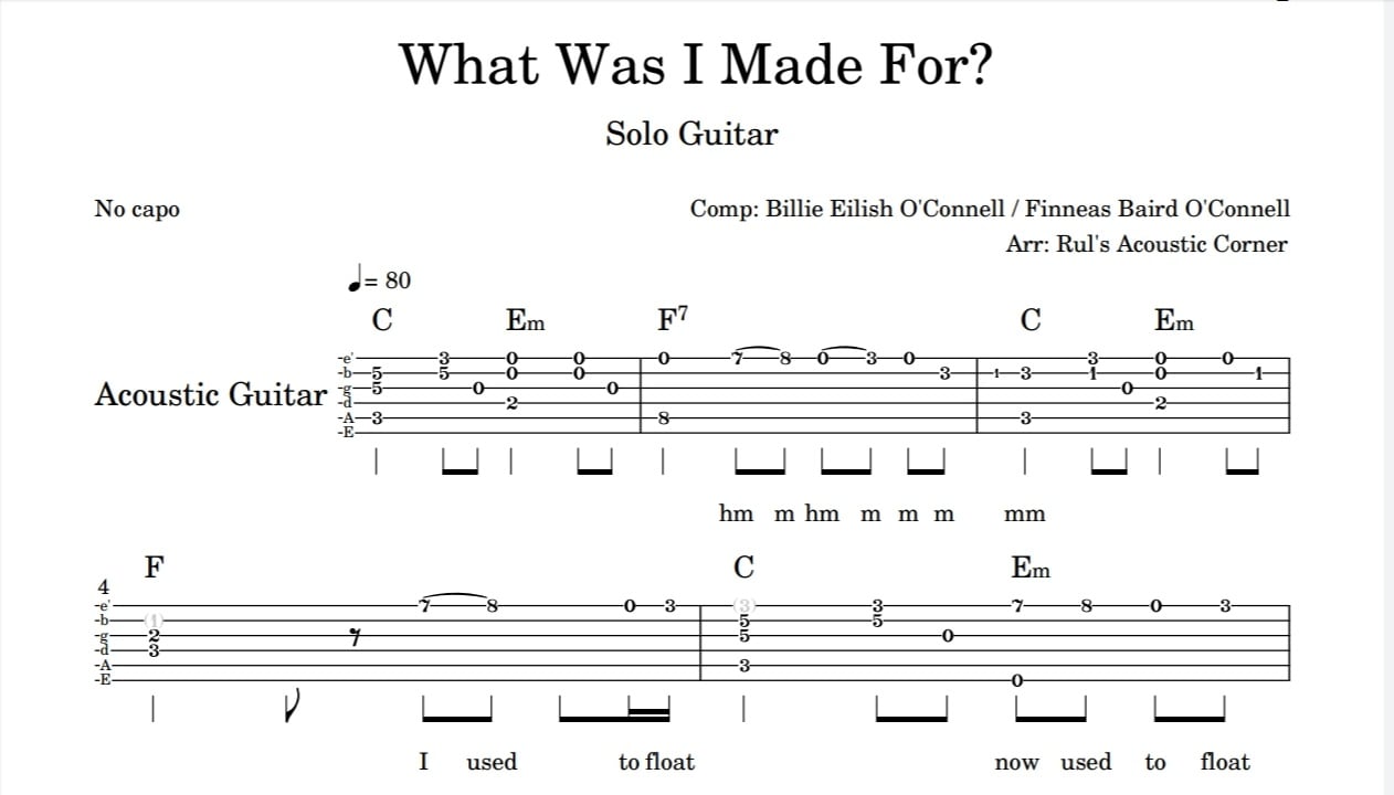 Billie Eilish - What Was I Made For? (Solo Guitar) Musical Tabs PDF High Quality