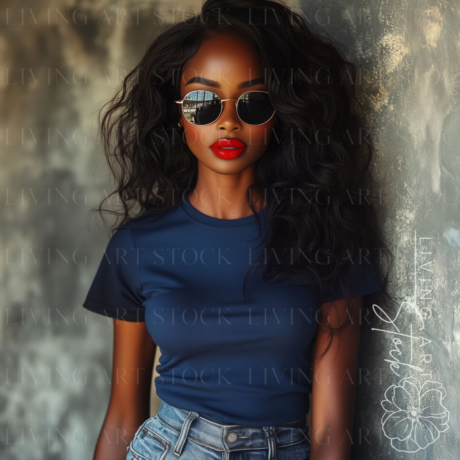 Black woman wearing dark blue fitted tshirt, black women tshirt mockups, bella canvas mockups