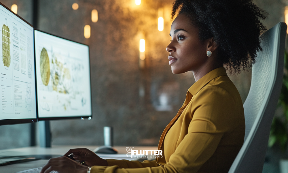 Professional African-American woman in a mustard blouse reviewing documents on dual monitors in a modern office setting