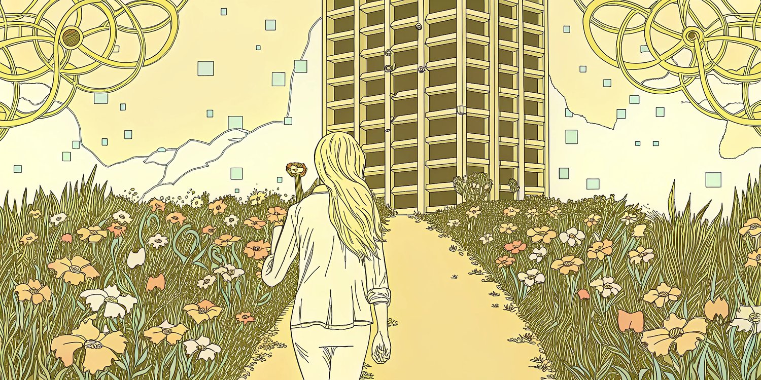 Surreal dreamlike scene of a woman with long blond hair walking away from a crumbling corporate skyscraper, holding a glowing key and a paintbrush. Behind her, the world transforms into blooming flowers, circuit boards, starlit skies, and wild nature—blen