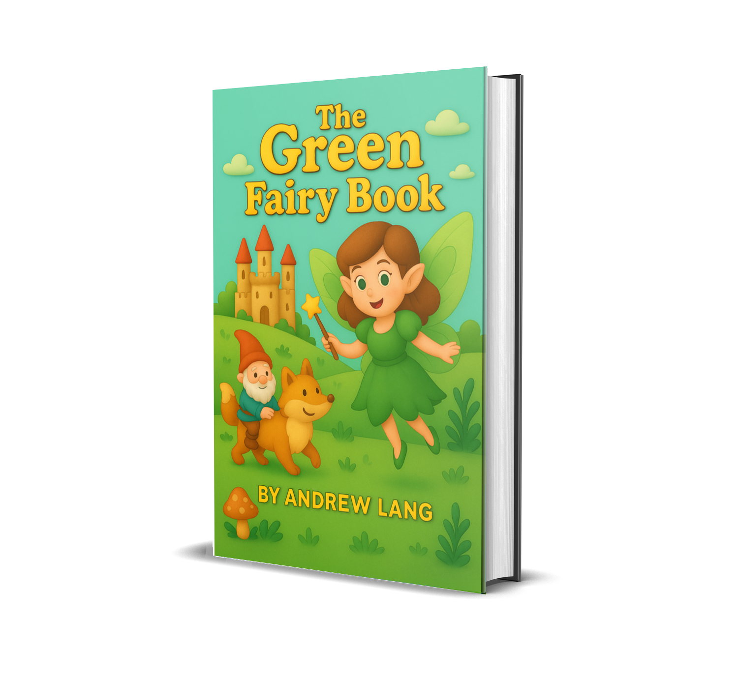 Illustrated cover of "The Green Fairy Book" by Andrew Lang featuring a cartoon fairy with wings, a castle, a gnome riding a fox, and a magical forest setting – children’s fantasy storybook.