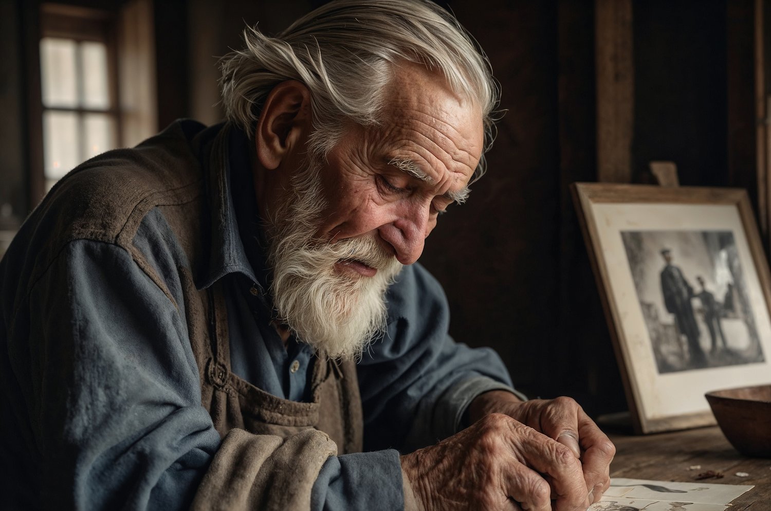 Side view of a father figure opening a simple handmade card at a table, with a soft smile.
