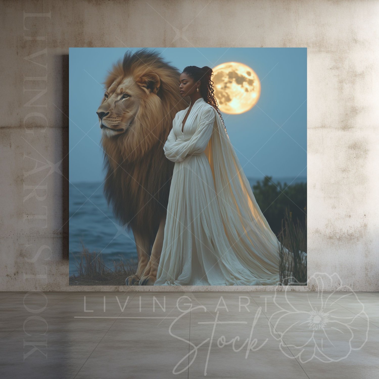 Black woman and lion full moon Printable fantasy art