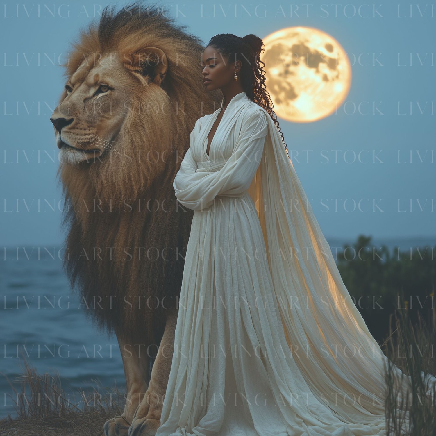 Black woman and lion full moon fantasy art, black women stock photos
