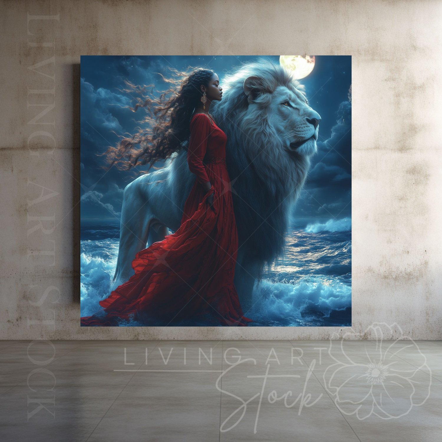 Black woman and a lion fantasy printable art image