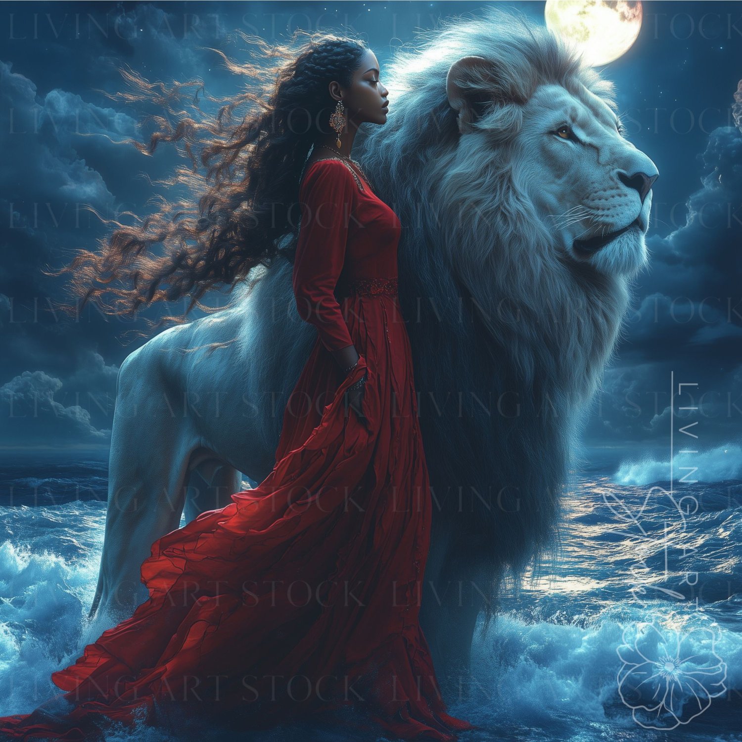 Black woman and a lion fantasy art stock image
