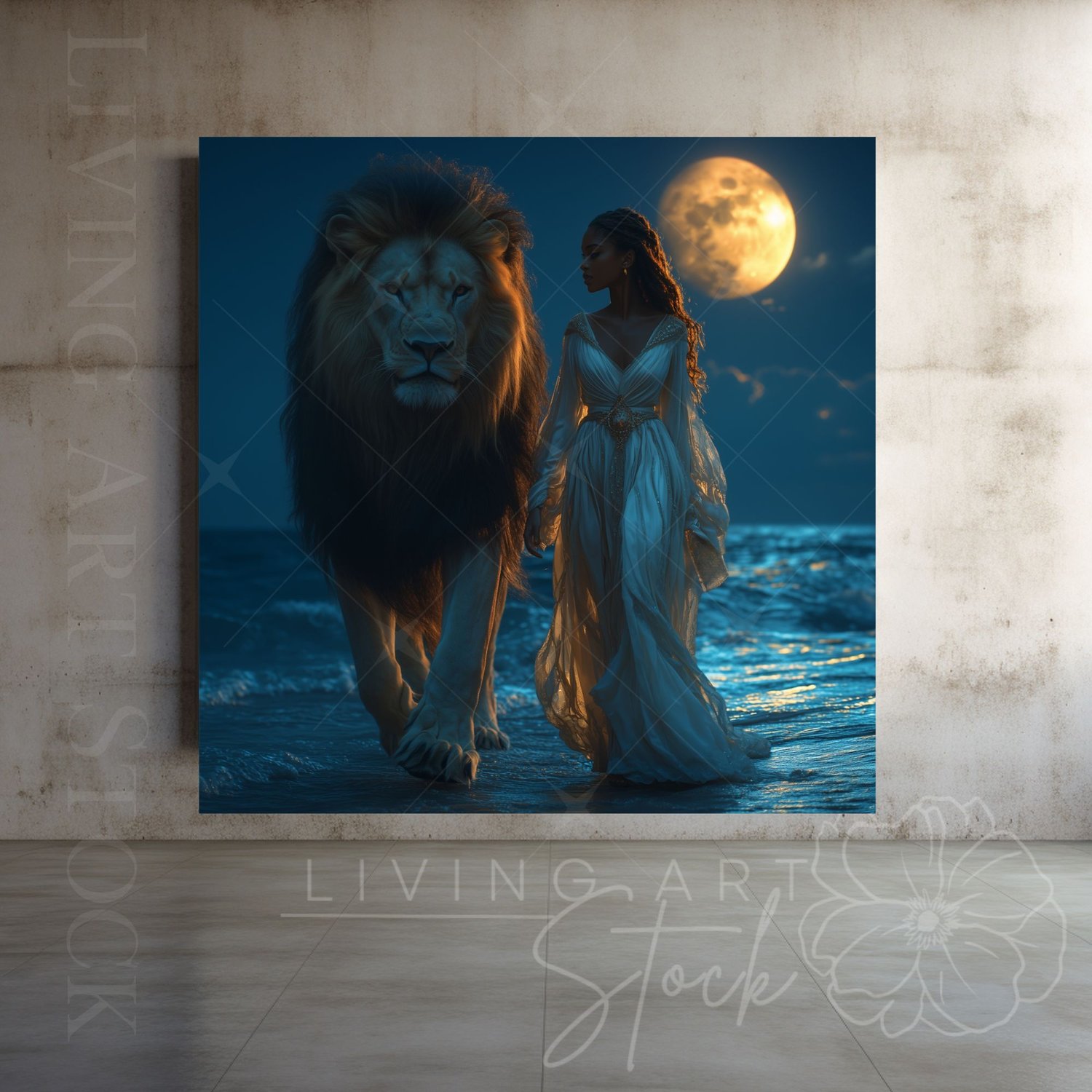 Black woman fantasy art with lion, printable art