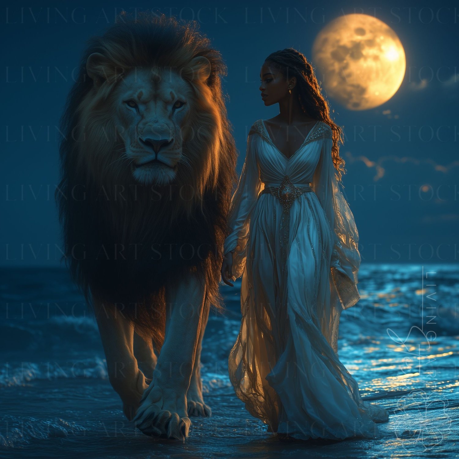 Black woman fantasy art with lion