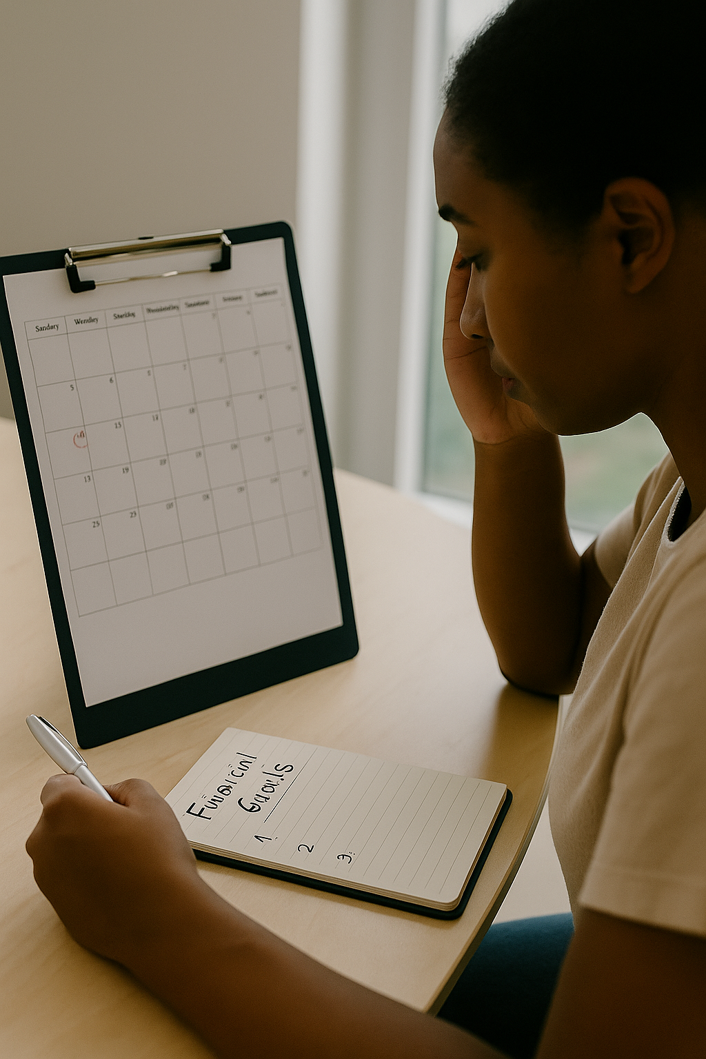 Woman reviewing financial goals with notepad and calendar.