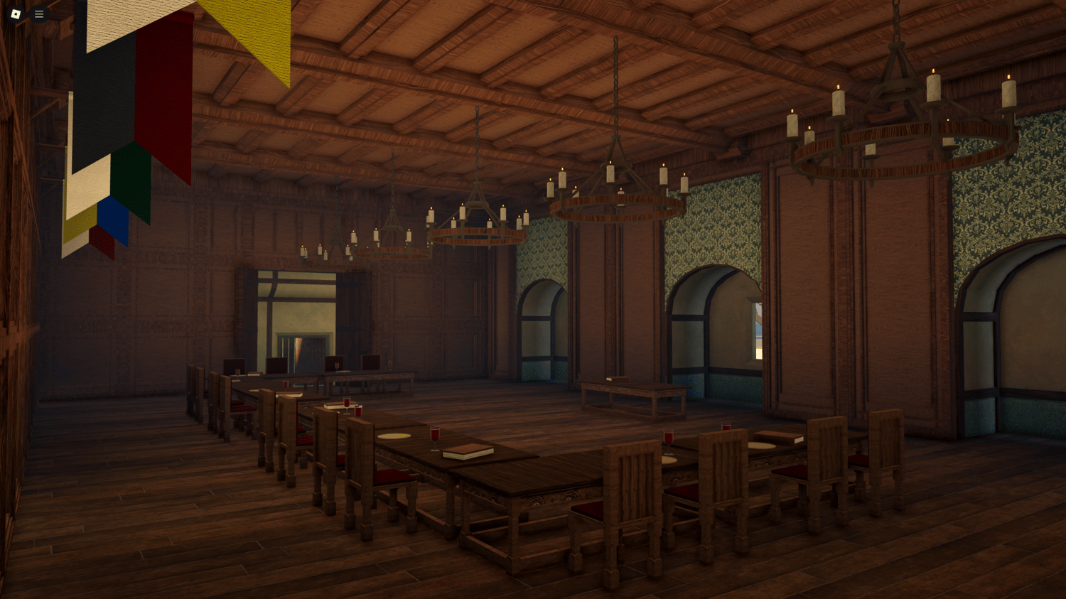 Wide-angle shot showing entire medieval stronghold and camp setup