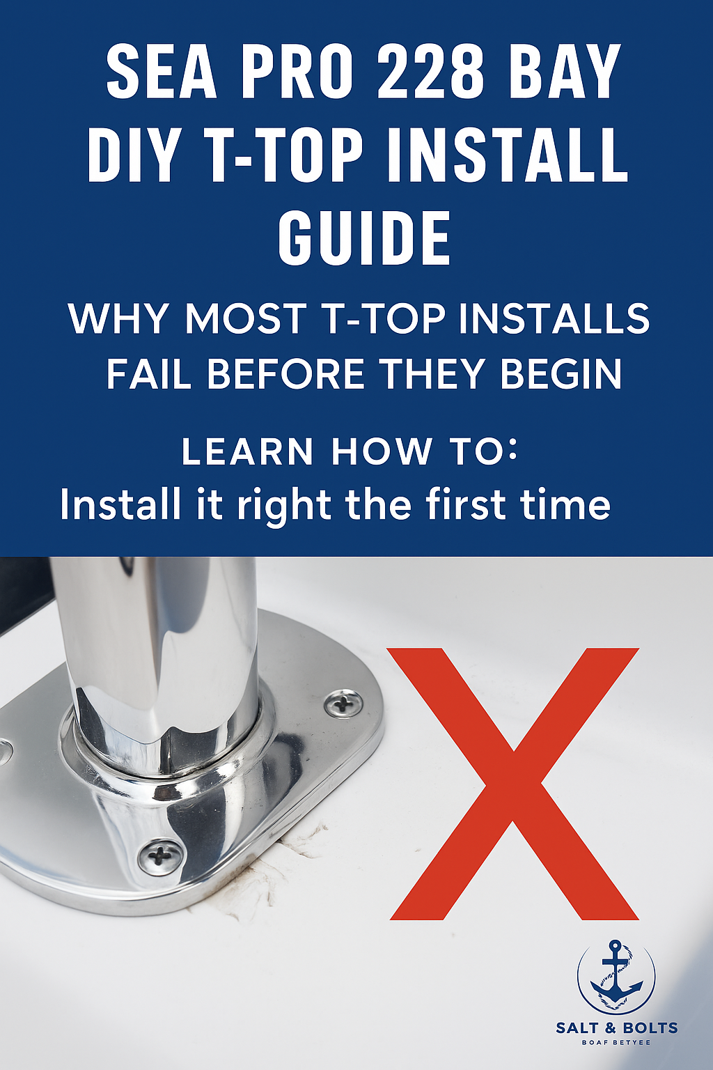 Promotional graphic for Salt & Bolts' DIY T-Top Install Guide for Sea Pro 228 Bay, featuring a step-by-step boating installation manual.