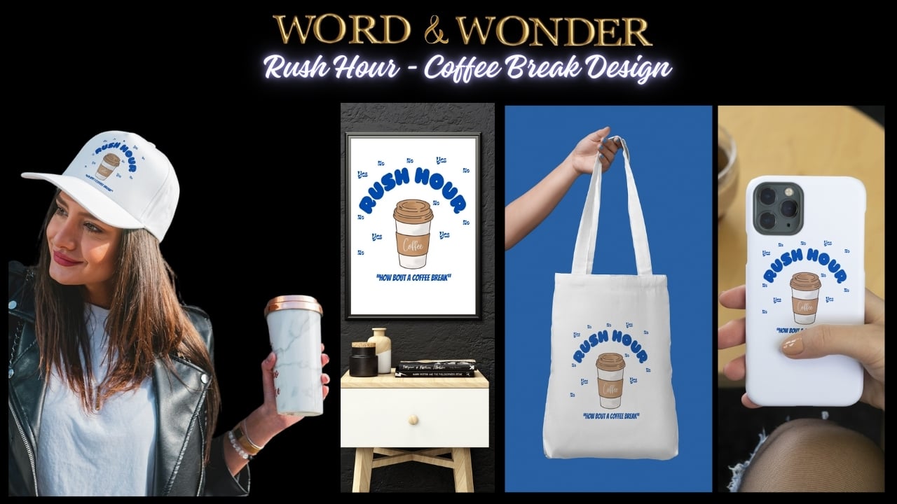 Rush Hour Caffeine Break – digital illustration of a busy commuter enjoying coffee, high-resolution art for apparel, mugs, wall decor, and accessories. Perfect for coffee lovers and urban lifestyle fans.