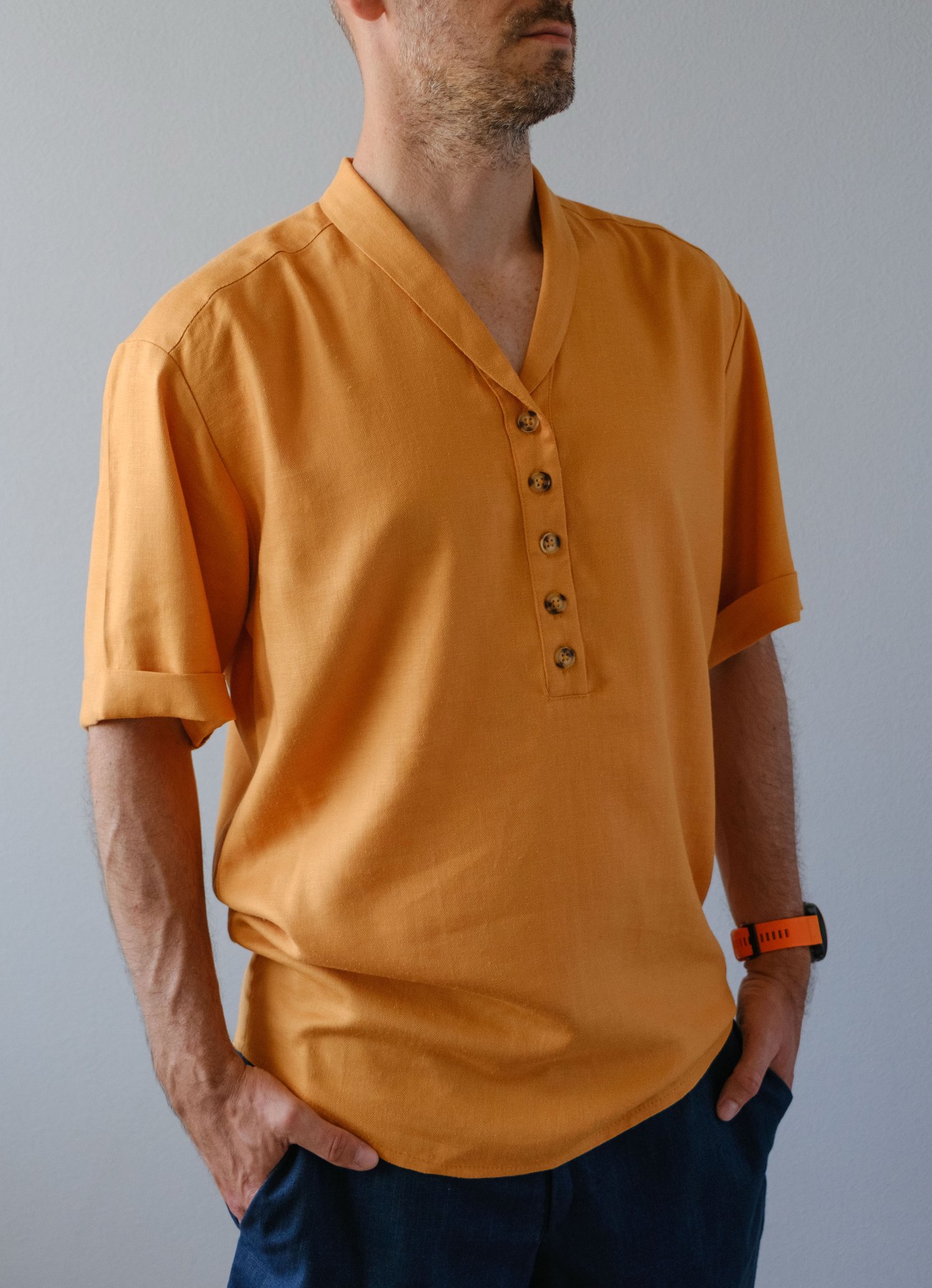 Mens linen shirt relaxed fit casual styling Jacomo sewing pattern slow fashion