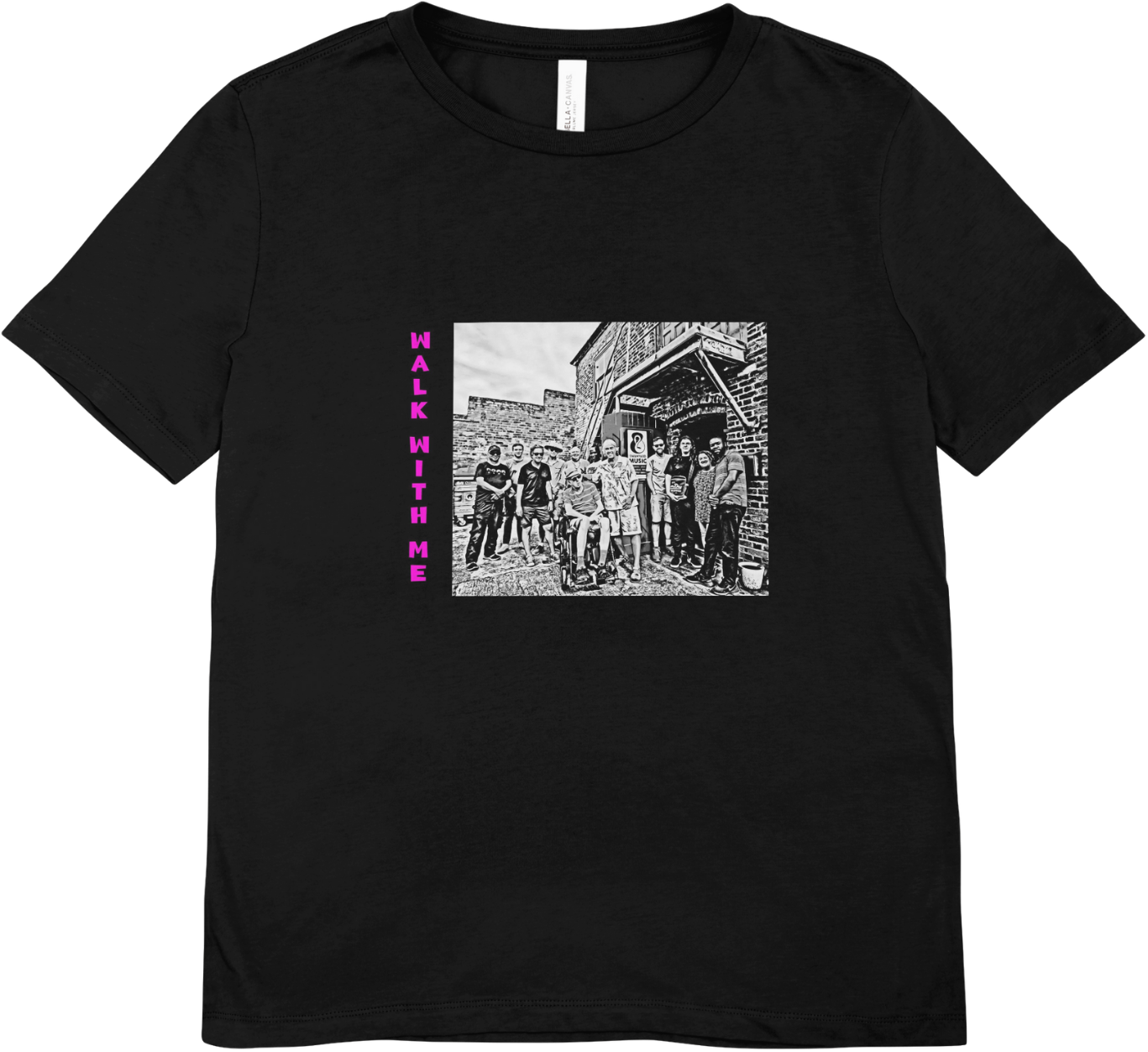 “Walk With Me” MONO T-shirt by Swanyard Music, featuring a black-and-white group photo print, British-made, 100% cotton.
