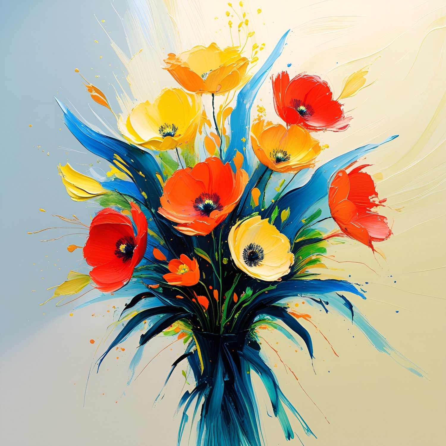 Bring the uplifting energy of spring into your space with this cinematic abstract floral bouquet wall art, a bold and expressive celebration of color and creativity. Rendered in rich, textured brush strokes and vibrant hues, this artwork bursts with poppy
