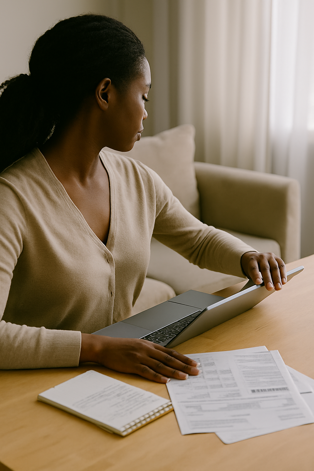 Black woman sitting calmly at a table with bills and a closed laptop, shown from the side with no visible face — representing financial boundaries and intentional decision-making.