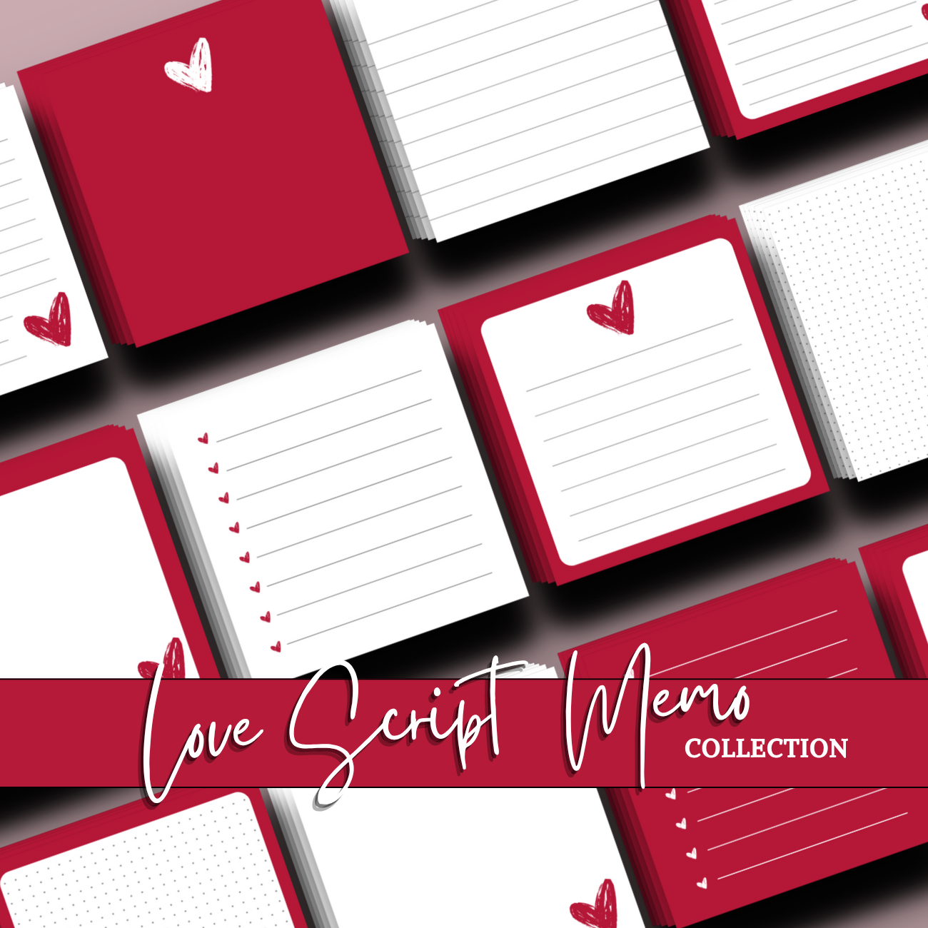 “Top-down flat lay of 15 printable memo pads in red and white, featuring hearts and note lines, with a banner showing PDF, instant download, and 3x3 size.”