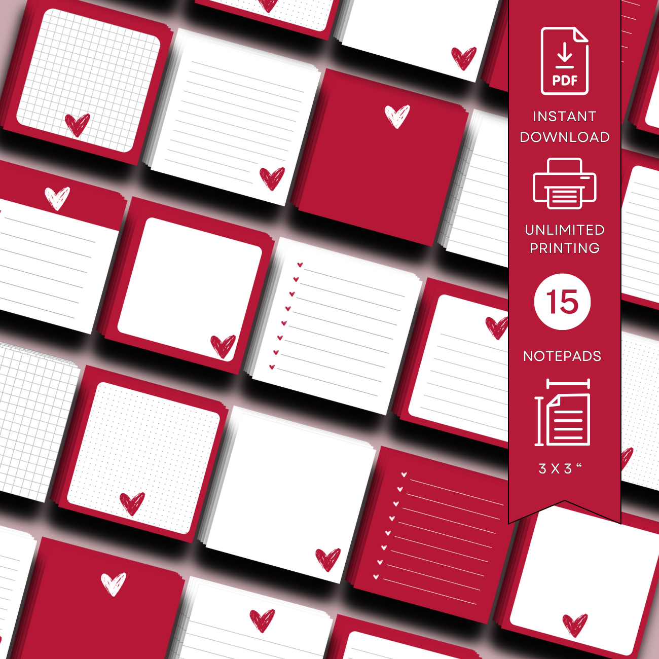 “Flat lay of Valentine-themed memo pads with overlay text reading ‘Love Script Memo Collection,’ showcasing romantic heart-accented paper designs.”