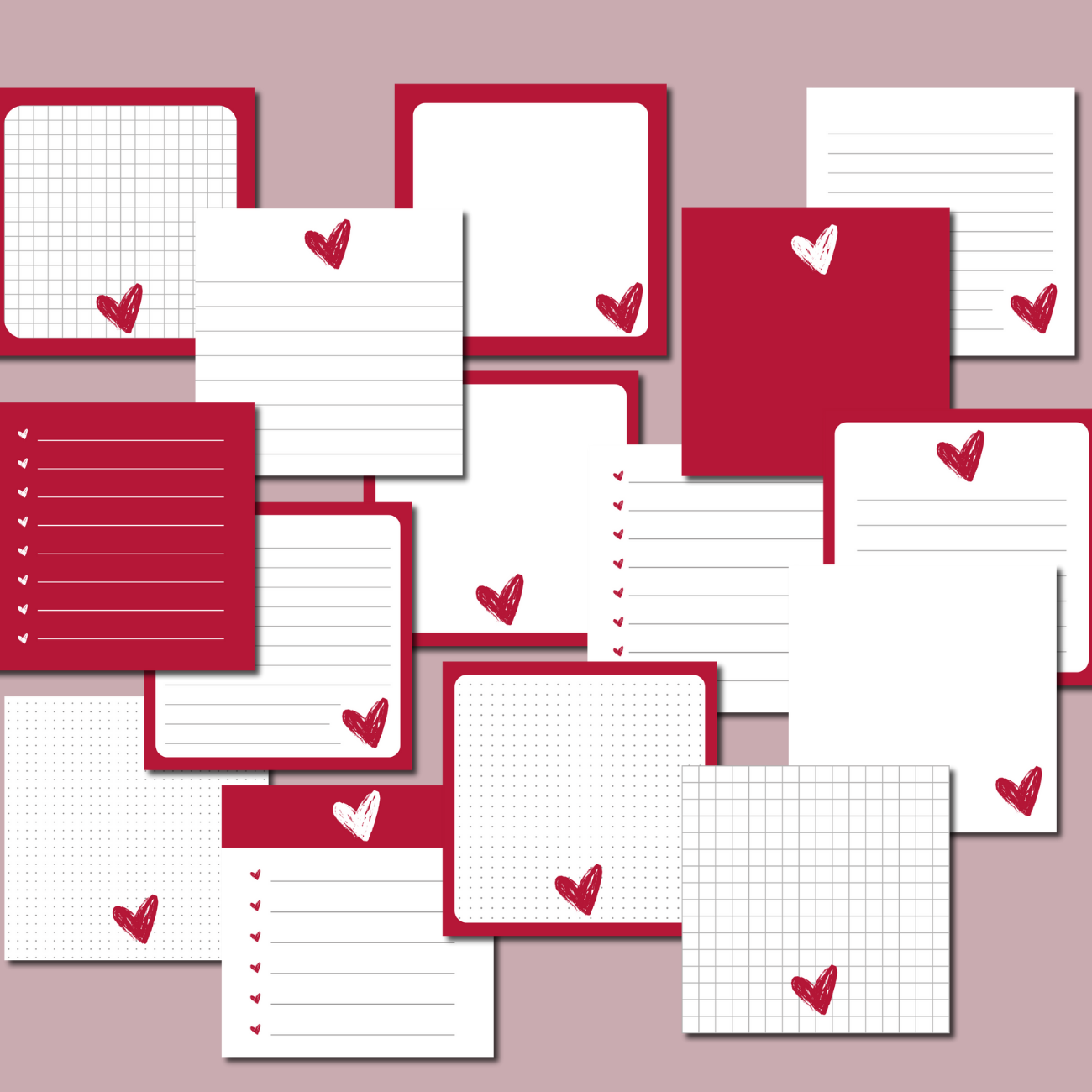 “Full collection of Love Script printable memo pads shown in grid layout, including blank, grid, lined, and checklist note styles with red heart designs.”